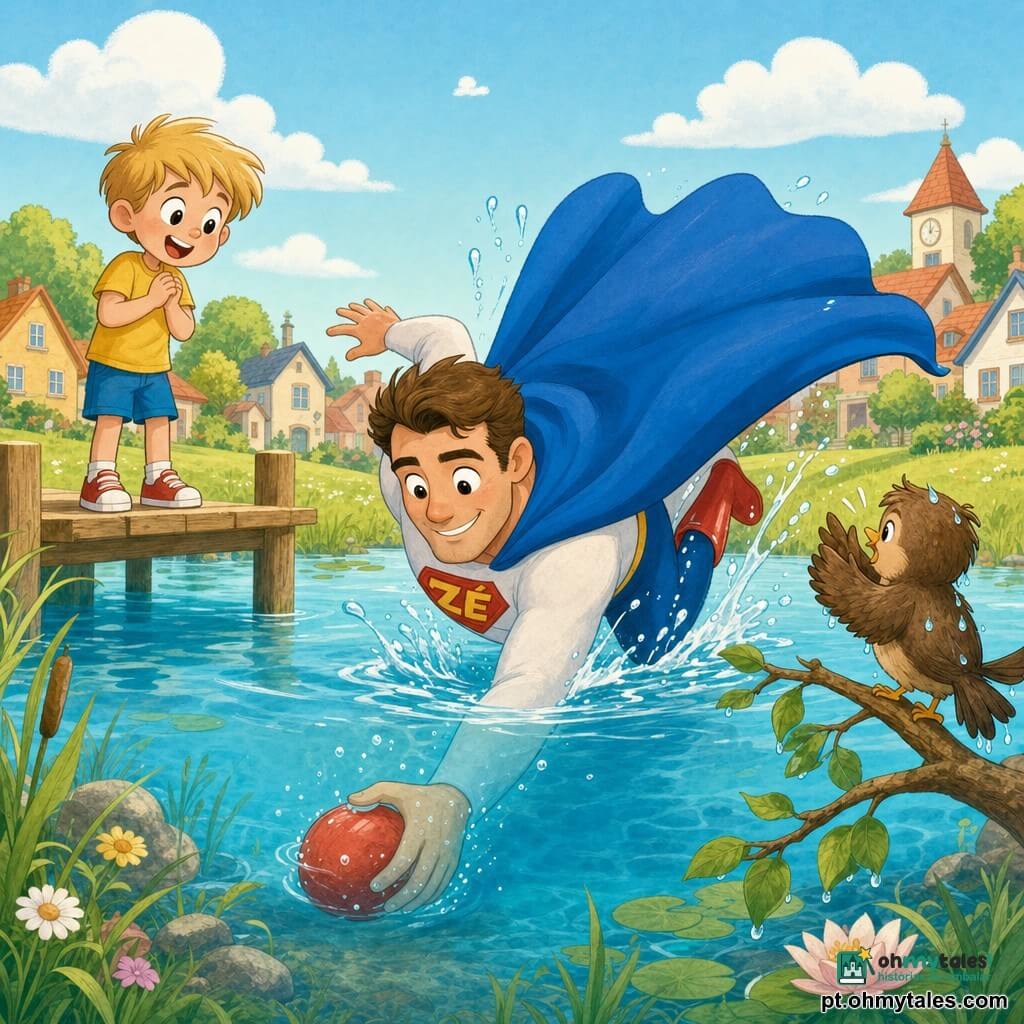 Um homem, Super Zé, sorridente e tranquilizador, capa azul esvoaçante, botas vermelhas brilhantes, cabelos castanhos curtos, expressão alegre e concentrada, mergulha suavemente num pequeno lago para apanhar uma bola flutuante; um menino, Tomás, cerca de 6 anos, cabelos loiros despenteados, camiseta amarela, está em pé na beira do cais, olhos arregalados e mãos unidas, olhando Super Zé com admiração; um passarinho marrom, molhado mas vivo, empoleirado num galho baixo à direita, observa a cena como se aplaudisse; local: lago calmo e raso rodeado de relva verde, cais de madeira clara, algumas nuvens brancas e casas coloridas ao fundo, atmosfera luminosa e acolhedora; ação: Super Zé estende a mão debaixo da água clara para recuperar a bola vermelha meio submersa, leves salpicos, postura heroica e terna, cena com movimento e carinho; estilo: traços arredondados, cores pastéis saturadas, texturas suaves, rostos simples e expressivos para crianças pequenas.