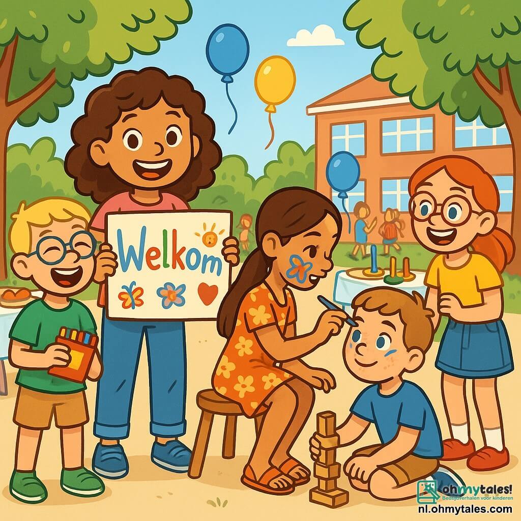 Er zijn 5 personages: - Emma: een 10-jarig meisje met krullend bruin haar, in een roze t-shirt en een blauwe jeans. Ze glimlacht vrolijk terwijl ze een groot bord "Welkom" vasthoudt, versierd met kleurrijke tekeningen. - Lucas: een 10-jarige jongen met kort blond haar en een bril. Hij draagt een groen t-shirt en shorts. Hij lacht en houdt een doos kleurpotloden vast. - Noor: een 10-jarig meisje met lang, steil haar in een paardenstaart. Ze draagt een bloemenjurk en sandalen. Ze schildert een vlindergezicht op de wang van een kind. - Joris: een 10-jarige jongen met kastanjebruin haar en sproeten. Hij draagt een blauw t-shirt en een beige short. Hij zit op de grond en bouwt een kleine toren met houten blokken. - Lotte: een 10-jarig meisje met rood haar en een bril. Ze draagt een geel t-shirt en een denim rok. Ze staat naast Joris en moedigt hem aan met een grote glimlach. De hoofdsetting is een zonnige schoolplein, omringd door hoge bomen met heldergroene bladeren. Kleurrijke ballonnen zweven in de lucht en er staan tafels met spellen en snacks. Kinderen spelen en lachen, wat een vrolijke en feestelijke sfeer creëert. De hoofdactie toont Emma, Lucas, Noor, Joris en Lotte die samen plezier hebben tijdens een groot schooljaar evenement. Ze nemen deel aan spellen, schilderen gezichten en lachen, wat vriendschap en het plezier van het begin van een nieuw schooljaar symboliseert.