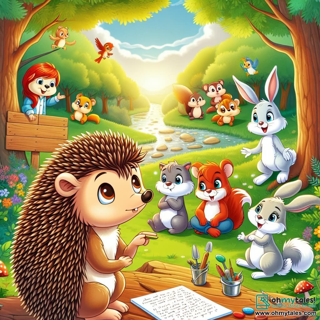 An illustration depicts a young hedgehog with a back covered in brown spikes and an expressive face showing curiosity and wonder. It is attentively watching a group of animals gathered around it, taking notes on a piece of paper. Among the secondary characters is a female squirrel with bright red fur and a bushy tail, displaying an excited expression, perched on a branch above the hedgehog. A male rabbit with large ears and white fur, showing a determined expression, stands next to the hedgehog, ready to share ideas. The main setting is a sunny clearing in a lush green forest, with majestic trees, colorful flowers scattered on the ground, and a sparkling stream winding through the landscape. The main situation shows the animals coming together to discuss the importance of protecting their environment in the face of climate change, with expressions of collaboration and commitment on their faces. Other useful graphic elements include wooden signs with messages about nature protection, gardening tools like shovels and watering cans, and small birds joyfully flying around them, symbolizing the harmony of nature.