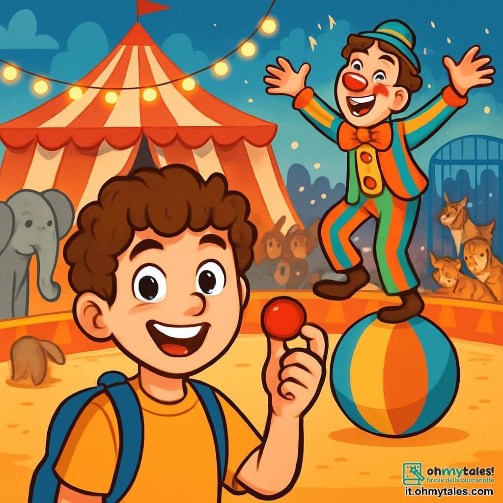 Un ragazzo di 12 anni, Tommaso, con capelli ricci e castani, occhi pieni di curiosità, si trova al centro dell'immagine, con un grande sorriso sul volto, mentre tiene in mano un piccolo naso rosso da clown. Alla sua destra, Buffo, un clown malizioso, è un uomo di circa trent'anni con un naso rosso brillante e un costume colorato a righe, che sta facendo equilibrio su una grande palla, ridendo felicemente. Lo sfondo è un circo vibrante, con un grande tendone a righe rosse e bianche, luci scintillanti che illuminano la scena e spettatori meravigliati. Animali da circo, come un elefante e tigri, sono visibili, aggiungendo all'atmosfera magica. La scena principale mostra Tommaso, orgoglioso ed emozionato, pronto a salire sul palco per il suo primo numero da clown, circondato da risate e applausi, catturando lo spirito gioioso e dinamico del circo.