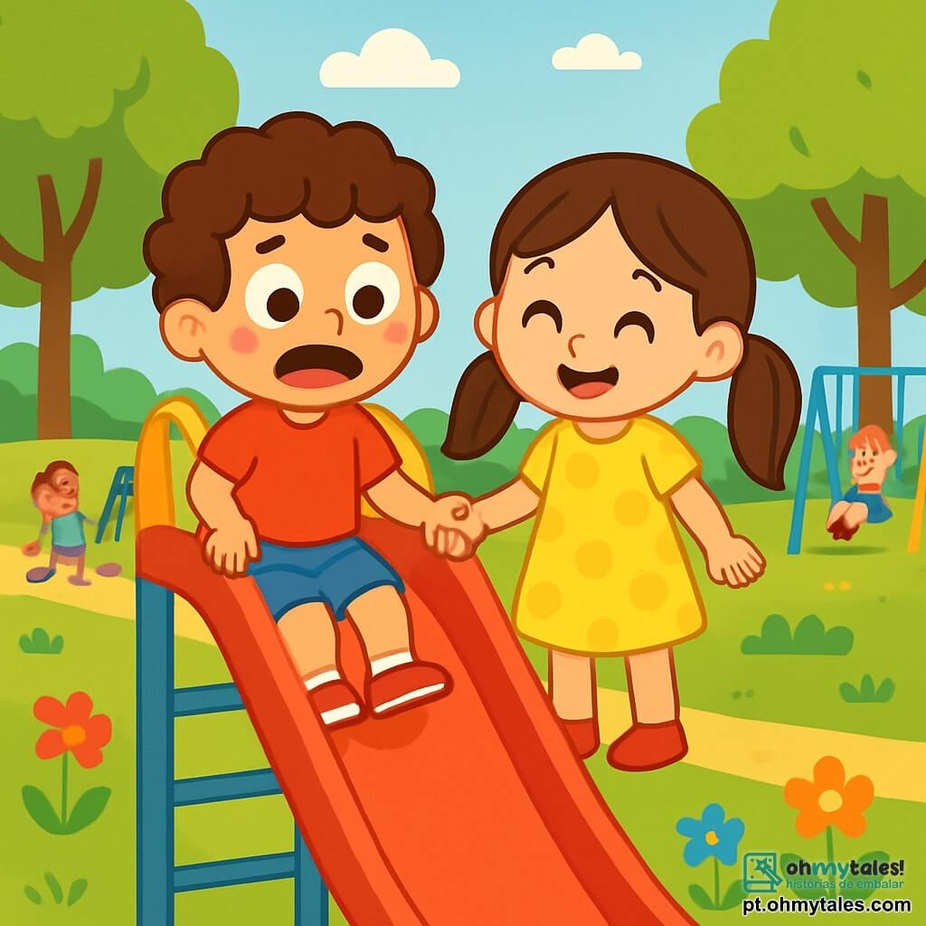 Um menino de 4 anos com cabelos cacheados e um grande sorriso, vestindo uma camiseta vermelha e um short azul, está no topo de um grande escorregador. Ele tem os olhos arregalados, misturando excitação e medo, e suas bochechas estão levemente rosadas. Ao lado dele, uma menina de 4 anos, com cabelos longos e lisos presos em duas tranças, usa um vestido amarelo com bolinhas. Ela sorri encorajadora, pronta para descer com ele. O parque é cheio de vegetação, com árvores de folhas verdes brilhantes e flores coloridas ao longo do caminho. Ao fundo, outras crianças brincam alegremente em balanços e estruturas de jogos. A cena principal mostra o menino hesitante na borda do escorregador, segurando a mão da menina, enquanto se preparam para escorregar juntos, simbolizando a coragem diante do medo.