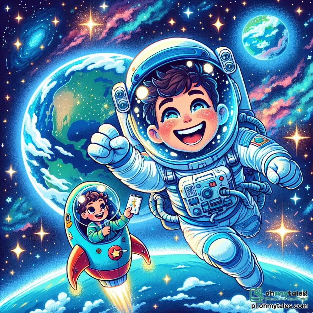 Astronauta mężczyzna, nazwany Tomek, radośnie unosi się w przestrzeni kosmicznej, ubrany w białe skafander kosmiczny z niebieskimi detalami i przezroczystym hełmem, który odsłania jego wielki, zachwycony uśmiech. Jego oczy błyszczą z ekscytacji, gdy obserwuje Ziemię, piękną niebieską kulę usianą białymi chmurami w tle. W pobliżu, młody chłopiec o imieniu Kacper, mający 8 lat, z brązowymi, kręconymi włosami, znajduje się na pokładzie swojej małej rakiety, która przypomina kolorową rakietę z narysowanymi gwiazdami. Patrzy na Tomka z podziwem, jego oczy błyszczą ciekawością, trzymając mały notes, w którym rysuje gwiazdy. Scena rozgrywa się w ogromie kosmosu, gdzie migoczące gwiazdy i kolorowe mgławice tworzą bajkową scenerię. Ziemia, majestatyczna i jasna, znajduje się w tle, oświetlona przez słońce. Główna sytuacja ukazuje Tomka i Kacpra wymieniających się marzeniami o eksploracji kosmicznej, Tomek dzieląc się swoim doświadczeniem astronauty, a Kacper, pełen entuzjazmu, marzy o zostaniu również odkrywcą gwiazd.