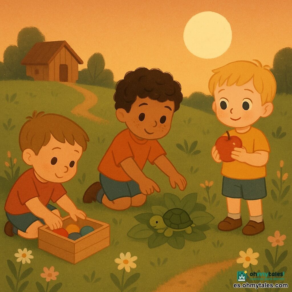 Hay tres niños de 3 años: Nico (izquierda, cabello castaño claro corto, agachado) guarda bolas de colores en una caja de madera; Lalo (centro, cabello negro rizado, con pecas, de rodillas) muestra hojas donde se esconde una pequeña tortuga de caparazón verde; Tomi (derecha, rubio, ojos grandes, de pie) sostiene una manzana roja y sonríe diciendo gracias. Lugar: una colina baja en un jardín al crepúsculo con hierba verde, flores silvestres rosas y blancas, un sendero de tierra, una casita de madera al fondo y un cielo anaranjado con una luna pálida. Situación: gestos lentos y suaves —recoger juguetes, invitar a la tortuga a esconderse y dar las gracias— con luz cálida del atardecer, sombras largas y una atmósfera calma y tierna.