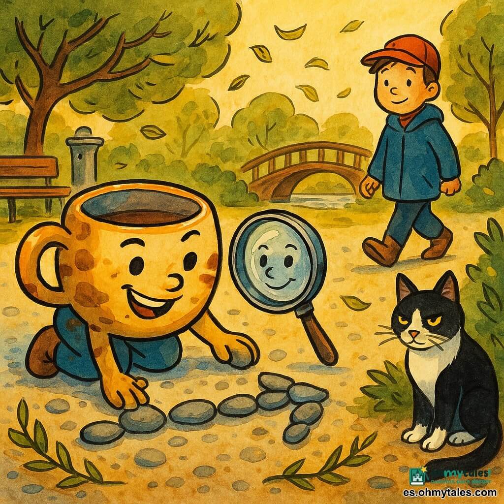 Tilo, una taza antropomórfica de cerámica, redonda y brillante, con sonrisa traviesa y leves arañazos y manchas de barro en el borde, se arrodilla empujando guijarros para formar una flecha; La lupa, una lupa de metal y cristal con un pequeño rostro grabado en el cristal, rueda a su lado con ojos curiosos y alegres, ayudando a alinear las piedras y apuntando hacia el puente; el gato del seto, blanco y negro de pelaje lustroso y orejas erguidas, apoya una pata sobre una piedra con aire algo arrogante pero cómplice, sentado al borde de un arbusto a la derecha; un niño con gorra roja y abrigo azul, aliviado, camina siguiendo el camino de guijarros hacia el puente y mira hacia las señales en el suelo a pocos pasos por delante de Tilo; lugar: un parque urbano de grava clara, senderos bordeados de árboles de hojas verde oliva que giran, un viejo puente de madera ligeramente abovedado al fondo, un banco de madera y una pequeña fuente a la izquierda, luz dorada de la mañana; situación: composición cálida y dinámica que muestra a la taza en acción creativa, flechas de guijarros visibles que conducen al puente, hojas en movimiento y ramitas enmarcando las piedras, paleta de tintas saturadas con finos contornos en tinta negra, ambiente optimista y aventurero.