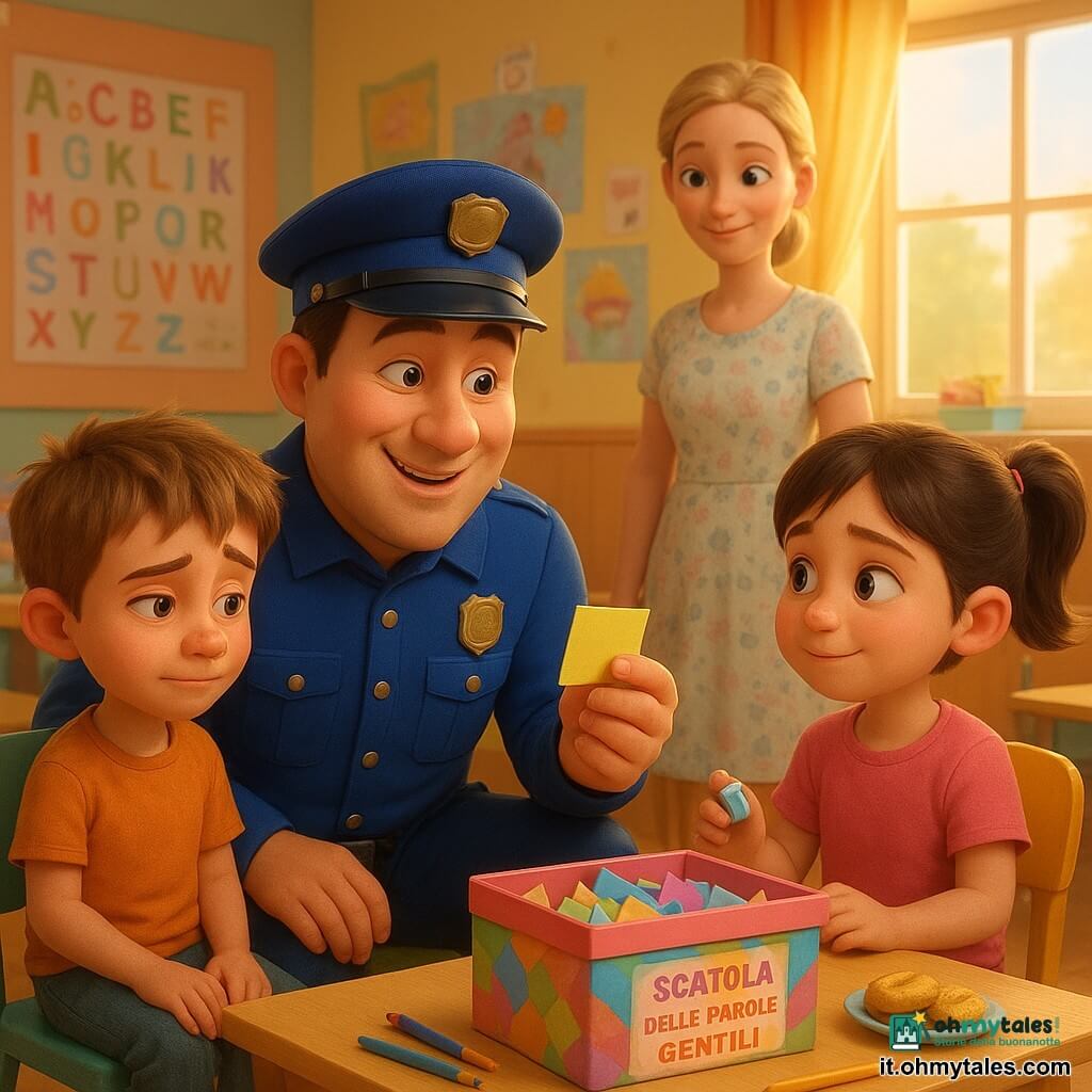 Un poliziotto sorridente e benevolo sulla quarantina, capelli corti castani, viso rotondo e occhi dolci, con piccola beretta blu, giacca blu reale con bottoni dorati e un taccuino colorato, accovacciato e che mostra un post‑it giallo; un ragazzo di circa 8 anni, Matteo, capelli castano chiaro scomposti, espressione imbarazzata ma rasserenata, seduto su una sedia colorata a sinistra che guarda il taccuino; una bambina di circa 8 anni, Sofia, capelli castani raccolti in coda, volto arrossato ma sollevato, seduta a destra che tiene una gomma e guarda Matteo; la maestra Giulia sui trent'anni, abito chiaro a fiori e capelli biondi raccolti, in piedi dietro i bambini sorridente e incoraggiante; aula luminosa e colorata con pareti pastello, poster dell'alfabeto e disegni appesi, tavoli bassi in legno, cuscini multicolori e una grande finestra che lascia entrare luce dorata; in primo piano una scatola colorata chiamata Scatola delle parole gentili piena di foglietti piegati, matite e biscotti su un tavolino vicino; atmosfera calda, colori vivaci e contrastati, texture morbide, espressioni chiare, composizione centrata sul trio poliziotto‑Matteo‑Sofia, piano medio ravvicinato con leggera prospettiva dall'alto per catturare volti e scatola.