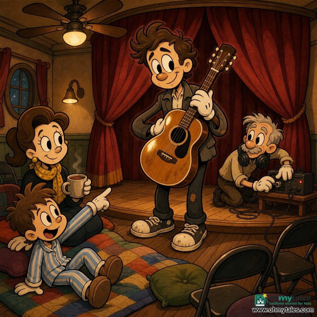 Adult man with a gentle smiling face, attentive eyes and messy brown hair in a worn gray jacket and scuffed sneakers holds a varnished acoustic guitar to his chest and calmly faces the audience; an about-8-year-old boy in striped pajamas sits front-left on a blanket, laughing and pointing at the stage; a woman in her mid-30s with a yellow scarf and tied-back hair sits behind him holding a cup of cocoa and smiling with her hand on the blanket; an older technician of about 60 with gray hair and headphones around his neck crouches at a small table with cables and a compact amp at the rear right, turning a knob and watching the singer; the scene is a small polished-wood community hall with thick red curtains, ceiling fan, chairs in a semicircle, scattered colorful blankets and cushions, warm soft light and an intimate atmosphere; main action: the singer calmly corrects the sound after a speaker buzz, the guitar gleams under the light, the children look amazed, and stylized shadows and flowing lines emphasize movement and human warmth.