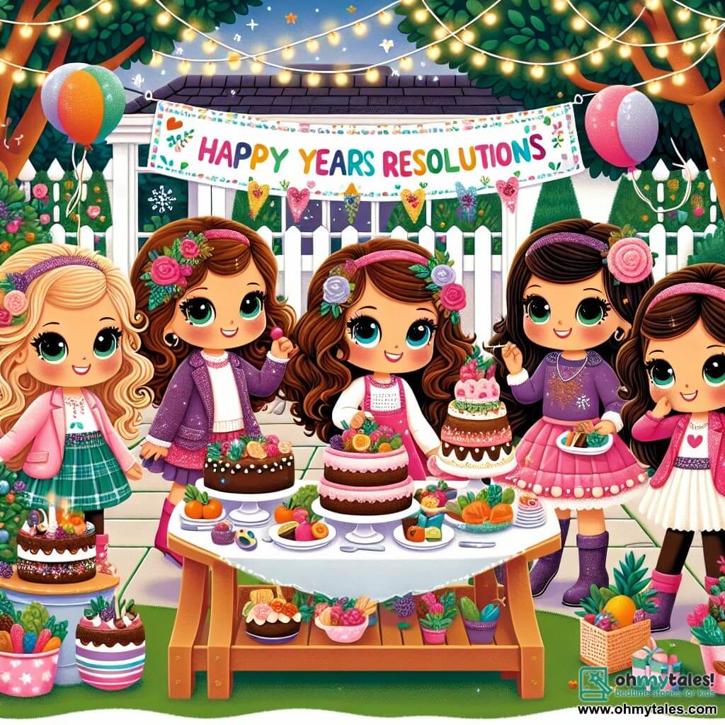 In a festive garden, four 8-year-old girls are getting ready for a New Year's party. Mia, with her curly brown hair and sparkling glasses, is in the center, smiling and holding a large colorful sign with their resolutions. To her right, Sophie, a girl with blonde pigtails, is busy around a snack table decorated with vegetables arranged to look like a funny face. On the left, Lily, with her brown hair in braids, dances joyfully in a pink dress, while Emma, the shyest, with smooth black hair, stands slightly back, watching with a smile, ready to share her dreams. The garden is adorned with twinkling lights and colorful balloons floating in the air. A large table is filled with chocolate cakes and treats, while a big tree is decorated with festive ornaments. The four friends are gathered to celebrate the arrival of the new year, counting down to midnight together, surrounded by laughter and confetti, ready to share their resolutions and have fun in a joyful and magical atmosphere.