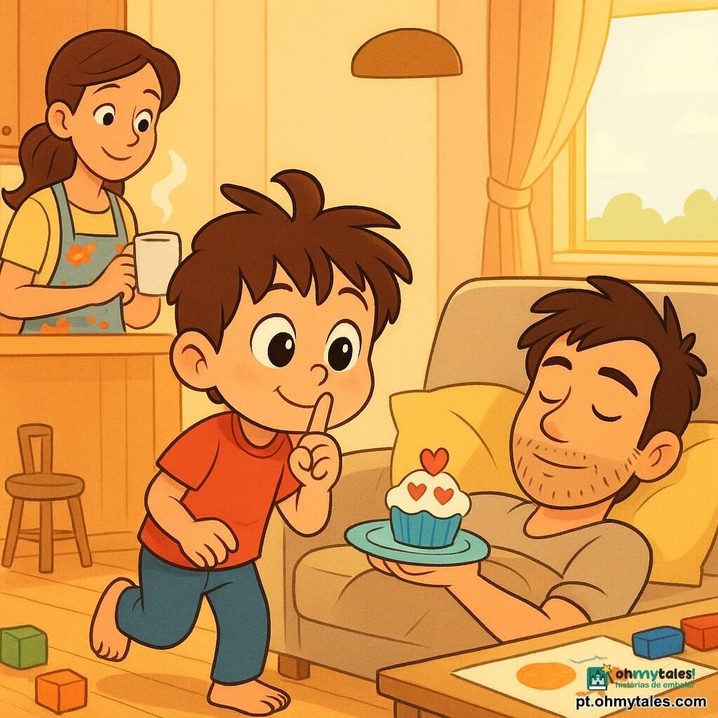 Um menino de 4 anos, rosto redondo, cabelos castanhos bagunçados, olhos grandes e brilhantes, sorriso tímido e expressão maliciosa, segura um prato colorido com um bolo de papel decorado com corações e caminha na ponta dos pés dizendo "shhh" em direção a um sofá onde o pai, homem de cerca de 35 anos com barba rala e cabelo despenteado, dorme coberto até as pernas; uma mulher de cerca de 30 anos com cabelos longos presos e avental florido observa sorrindo desde a cozinha, segurando uma caneca fumegante atrás de um balcão de madeira clara; cena num espaço aberto sala-cozinha iluminado por luz dourada matinal, chão de madeira, brinquedos espalhados, mesa baixa com desenhos infantis; atmosfera ternamente calorosa, cores quentes e traços arredondados, decoração simples com detalhes como xícaras, almofadas e desenhos.