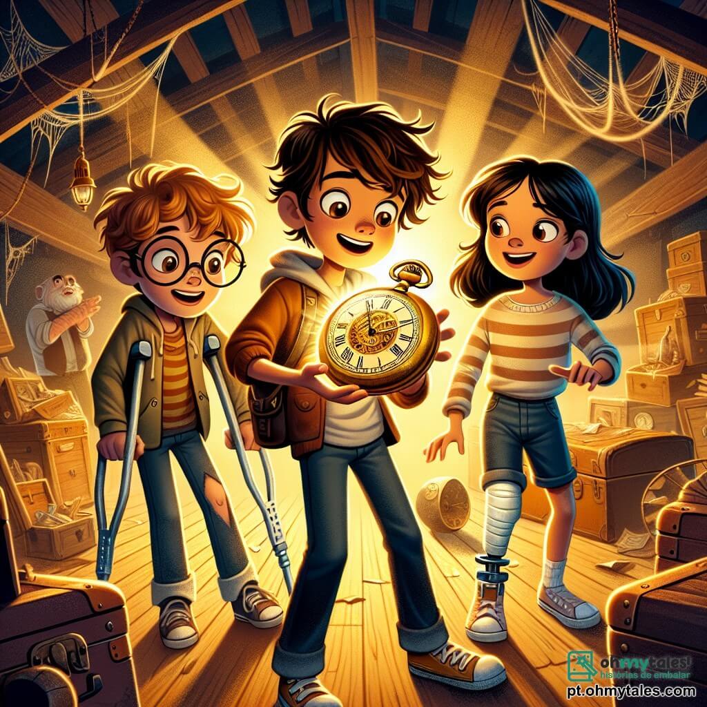 No centro da imagem, Lucas, um garoto de 10 anos com cabelos castanhos bagunçados, segura um antigo e brilhante relógio de bolso dourado, seus olhos brilhando de curiosidade. À sua direita, Clara, uma garota de 10 anos com longos cabelos cacheados e um sorriso radiante, observa o relógio com admiração. À esquerda, Pedro, um garoto de 10 anos com óculos redondos e cabelos castanhos, examina atentamente os símbolos misteriosos gravados no relógio. Por fim, Sofia, uma garota de 10 anos com cabelos lisos e negros, usa muletas, mas exibe um grande sorriso, pronta para explorar. O ambiente é um velho sótão cheio de tesouros esquecidos: teias de aranha nos cantos, baús antigos e raios de luz filtrando através de uma janela empoeirada, iluminando a cena com uma suave luz dourada. A situação principal mostra os quatro amigos descobrindo o poder mágico do relógio, que emite um brilho luminoso, envolvendo-os em um turbilhão de luz, simbolizando sua viagem inesperada no tempo para um futuro fascinante.