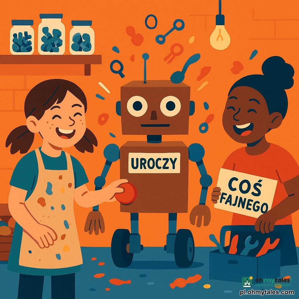 Zosia (ok. 11 lat) – wynalazczyni, warkocze, palce w śladach kakao, brudny fartuch, uśmiecha się i naciska duży czerwony przycisk patrząc na robota; Maja (ok. 11 lat) – przyjaciółka, rozbawiona, koczek, trzyma etykietę COŚ FAJNEGO i śmieje się opierając o skrzynkę z narzędziami po lewej; Ogarniać 3000 – złożony z kartonu i metalu robot na kółkach, ramiona z miotły i łyżek, oczka z nakrętek, z etykietą UROCZY na torsie, stoi pośrodku i skierowuje ramię ku Zosi; piwnica przytulna, lekko zagracona, drewniane półki ze słoikami ze śrubami i półką na ziemniaki, wisząca lampa z gołą żarówką, betonowa podłoga z plamami farby; scena radosnego, chaotycznego testu: Zosia naciska przycisk, robot robi „ping”, drobne urocze przedmioty wirują wokół; wyraźna kompozycja, płaskie żywe kolory, mocne kontrasty, przerysowane wyrazy twarzy i czytelne sylwetki.