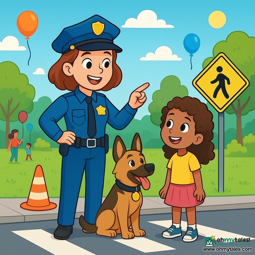 A smiling police officer, Officer Emma, stands in a sunny park, wearing a bright blue uniform and a shiny badge. Her eyes sparkle with joy and pride as she teaches children how to cross the street safely. Beside her, a police dog, Max, an adorable German shepherd, sits with his tongue out and wagging tail, ready to help. In the park, children of different backgrounds, including a 7-year-old girl with curly brown hair named Lucy, watch Emma attentively. Lucy, with an amazed smile, is ready to follow Emma's instructions. The vibrant park is filled with colorful balloons floating in the blue sky, lush trees, and families enjoying the sunny day. The main scene shows Emma and Max teaching the children how to cross the street safely, with traffic signs and small cones around them, creating a fun and educational atmosphere.
