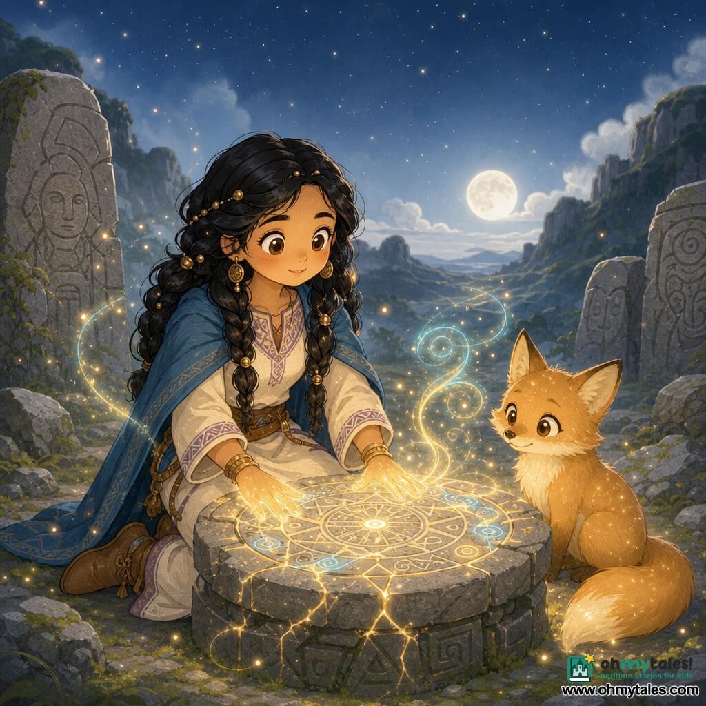 Adult woman with a soft determined face, olive skin, long black braids with bronze beads, large bright eyes and a brave smile, placing glowing hands on an ancient stone altar; she wears a cream tunic with purple geometric embroidery, an azure blue shawl belted with brown leather, and dusty soft leather boots. She feels wonder and focus, shown by slightly flushed cheeks and small golden sparks around her hands. A secondary fox with shiny golden fur, bushy tail and mischievous eyes sits to her right, tail curled near her feet. No other humans are present. Setting: rocky valley with green moss, gray stones carved with ancient bas‑reliefs, light mist catching the light, a starry sky and a low silver moon. Central altar: circular stone engraved with antique motifs, cracked with luminous veins emitting golden and pale blue filaments that spiral upward. Main action: she repairs an ancient seal by placing her hands that emit a soft golden glow; magic mends the cracks and luminous particles swirl around them. Visual style: minimal kawaii, rounded shapes, soft palette (azure, cream, bronze, pale gold), thin outlines, simple textures and gentle contrasts.