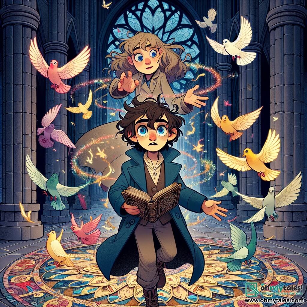 A 12-year-old girl, Mina, with messy brown hair and curious sparkling eyes, stands at the center of the scene, her face marked by an expression of wonder and determination. She wears a worn blue coat and holds an old notebook in one hand, while the other hand reaches out towards a group of colorful pigeons flying around her. Beside her, her best friend Theo, also 12, with curly hair and fair skin, observes with a mischievous smile, brandishing a sparkling magic wand. She stands slightly back near a column of the cathedral. The setting is the majestic St. Balthazar Cathedral, with its gothic spires rising towards a stormy sky, colorful stained glass letting in bursts of light, and gargoyles seemingly watching the scene. The ground is adorned with a complex mosaic, where a magical portal glows with a mysterious light. The main situation shows Mina and Theo facing a group of pigeons, which appear to be conversing, their shiny feathers contrasting with the shadow of the cathedral. The atmosphere is filled with magic, with sparkling light around them, while a gentle breeze lifts the dead leaves on the ground.
