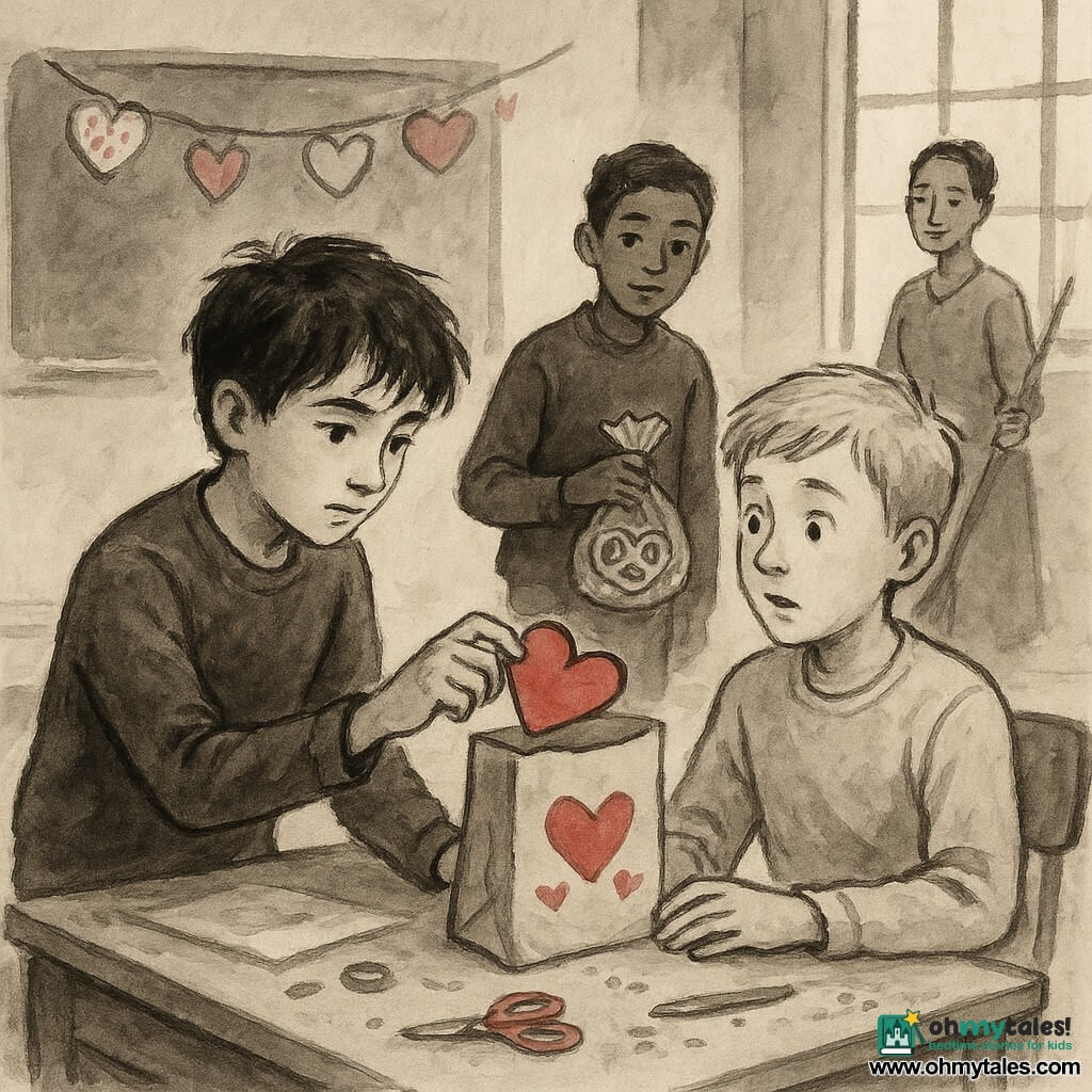 A 12-year-old boy, Constant, attentive and gentle-faced with slightly furrowed brows and messy brown hair, delicately slides a red heart-shaped card into a decorated bag while seated at a wooden school table; beside him, 12-year-old Theo, surprised and relieved with short blond hair and slightly hunched shoulders, looks at the offered card with his hand on the bag's edge; behind Constant, 12-year-old Zaid, mischievous and patient with black hair and bright eyes, stands holding a bag of pretzels, watching supportively; Ms. Dalloway, a warm-faced teacher in her 30s–40s with hair in a bun, stands in the background holding a light broom and observing kindly; the classroom is lit by a large right-hand window, with light wood floors, tables scattered with colored paper, red scissors, glue pots and glitter, a whiteboard displaying decorated Valentine bags and red paper garlands; the main moment is the quiet, intimate gesture of Constant placing an encouraging card into Theo's bag, rendered with fluid ink strokes, deep black contrasts and discreet touches of red and pink for the hearts, creating a soft, warm atmosphere.