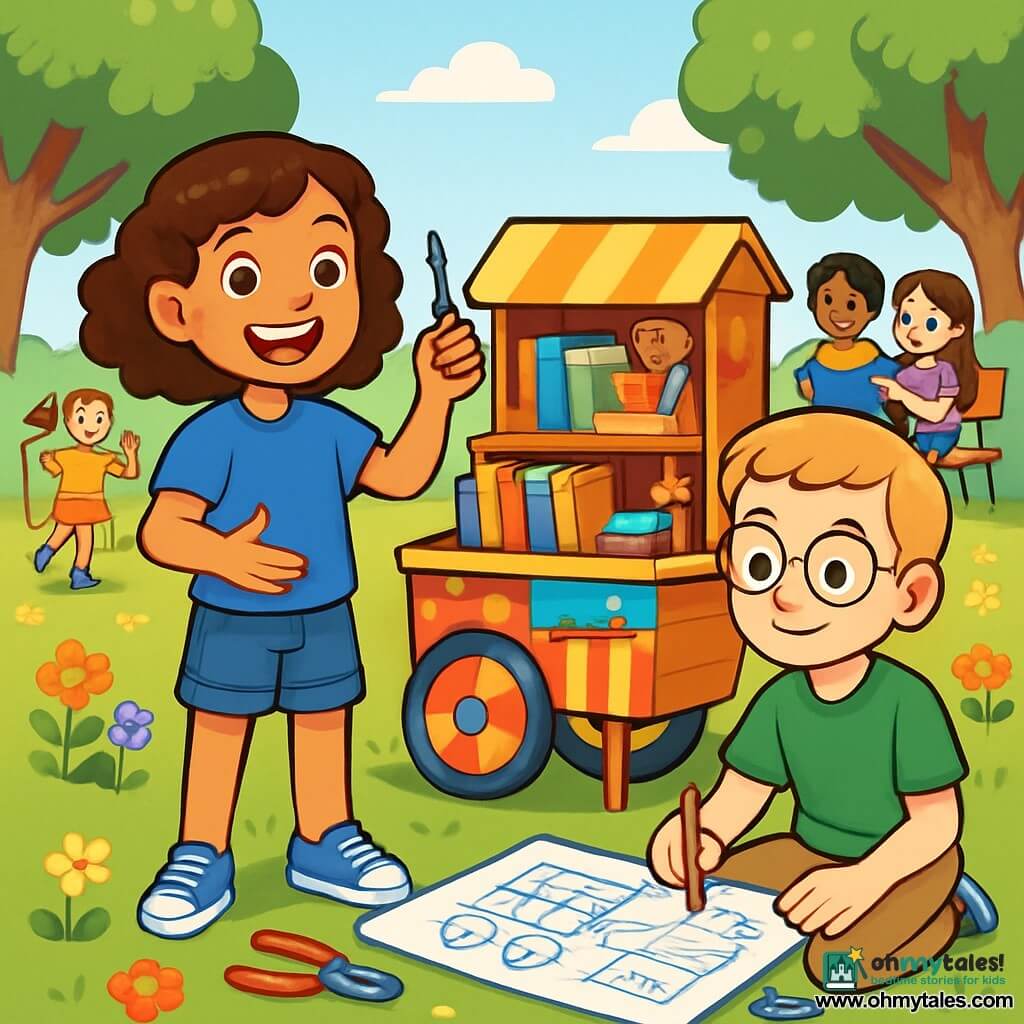 There are 2 main characters: Maya, a 10-year-old girl with curly brown hair, wearing a blue t-shirt and denim shorts, standing with a small tool in one hand and a big smile, full of determination; and Theo, a 10-year-old boy with short blond hair and glasses, wearing a green t-shirt and beige pants, sitting on the ground surrounded by books and craft supplies, drawing a plan for their project. The main setting is a sunny park with lush trees and colorful flowers, featuring a small wooden cart decorated in bright colors, filled with books, games, and tools. Children are playing around, some jumping rope and others reading on benches. The main situation shows Maya and Theo presenting their sharing cart, explaining to the children how to borrow and give items, while the kids listen attentively, their faces lit up with excitement and friendship.