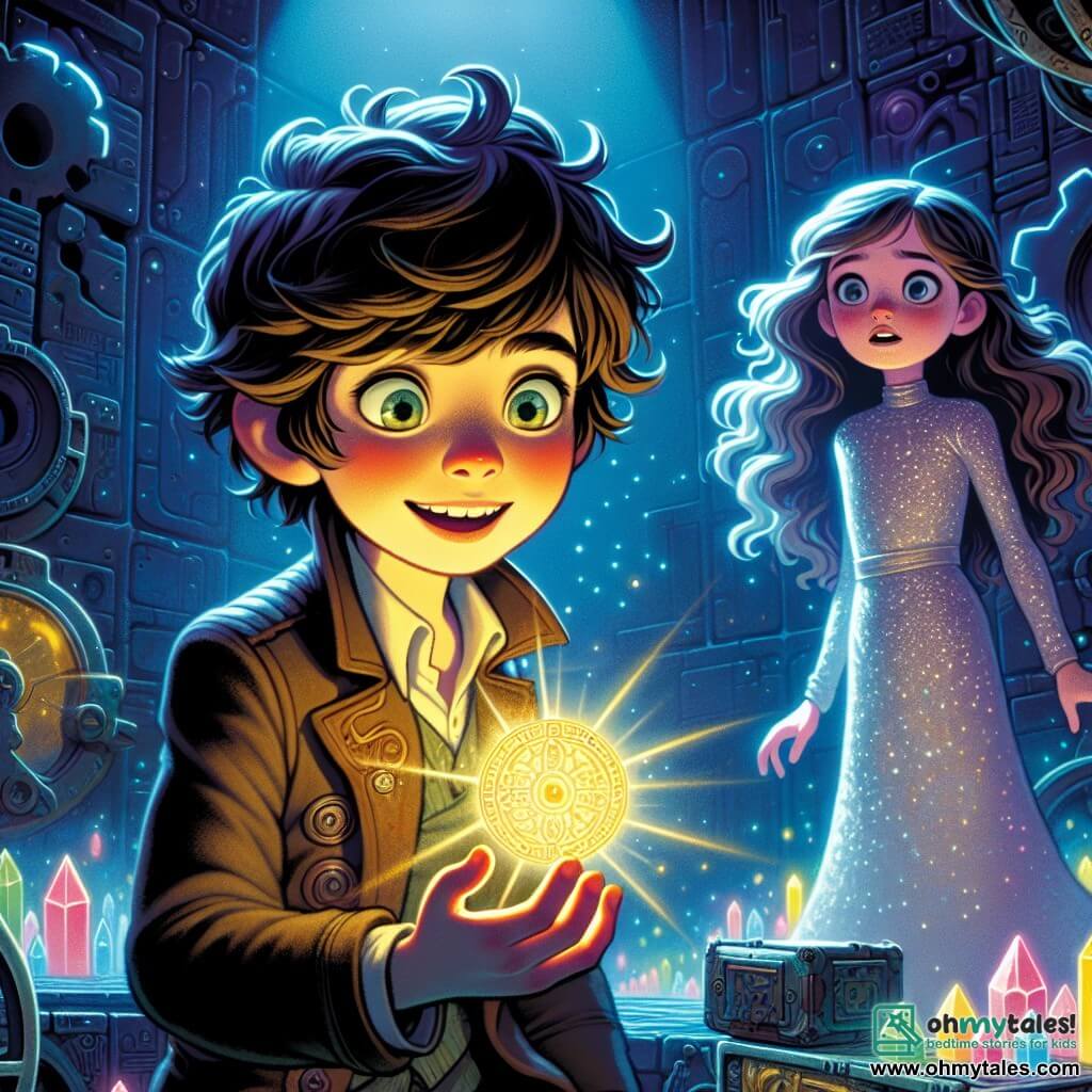 An 8-year-old boy, Milo, with tousled hair and bright, curious eyes, stands at the center of the room, holding a mysterious glowing key in his hand. His face expresses wonder and excitement, with a wide smile and rosy cheeks. Next to him, a 9-year-old girl, Lila, with long wavy hair, dressed in a shimmering silver dress, watches the key floating in the air with fascination. She has a determined look, ready to help Milo on this adventure. The scene takes place in a dark and mysterious room of the Shadowspire space station, where metal walls are adorned with glowing runes and colorful crystals emit a soft glow. Rusty gears and ancient machines are scattered around them, creating a magical yet technological atmosphere. Milo, holding the key, is about to activate it, while shadows dance on the walls and eerie whispers resonate in the air, adding palpable tension to the situation.