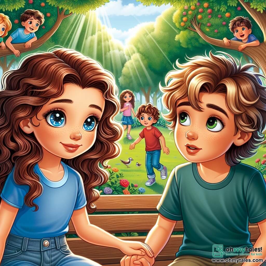 A 12-year-old girl, Ella, with curly brown hair and sparkling curious eyes, stands in the center of the image. She has a determined expression on her face, with a slight smile, as she encourages her friend Max to be honest. Max, an 11-year-old boy with messy blonde hair wearing a blue t-shirt, looks at Ella with a hesitant expression, sitting on a bench in the park. The park is green and sunny, with majestic trees and vibrant flowers swaying in the wind. In the background, children play joyfully while a group of friends watches curiously the conversation between Ella and Max. The main scene shows Ella taking Max's hand, encouraging him to talk about his lie to their peers. She whispers comforting words to him as the other children watch attentively, ready to listen.