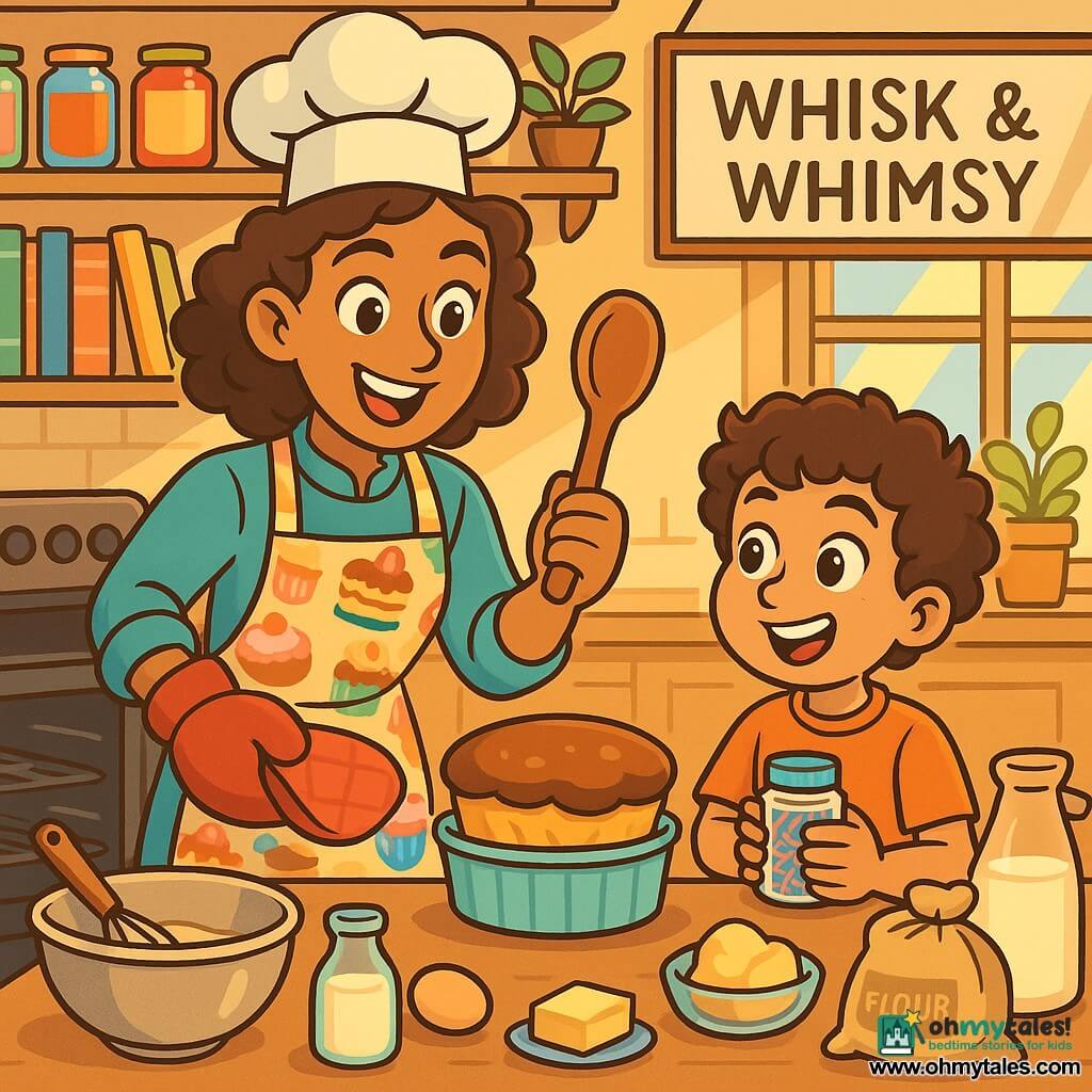 A chef, Lila, a woman with sparkling eyes and curly brown hair, smiles enthusiastically as she takes a golden chocolate soufflé out of the oven. She wears a colorful apron decorated with cake patterns and holds a wooden spatula, filled with pride and joy. Beside her, Benny, an 8-year-old boy with curly hair and a mischievous smile, watches her with admiration, his eyes shining with excitement, holding a jar of sprinkles in his small hands. The scene takes place in the "Whisk & Whimsy" bakery kitchen, where the walls are decorated with colorful jars of jam and shelves filled with recipe books. Sunbeams filter through the windows, illuminating the scattered ingredients on the countertop, creating a warm and welcoming atmosphere. Lila and Benny are preparing for the baking contest, surrounded by delicious aromas of chocolate and vanilla, while the puffed and golden soufflé proudly sits on the table, symbolizing their teamwork and passion for cooking.