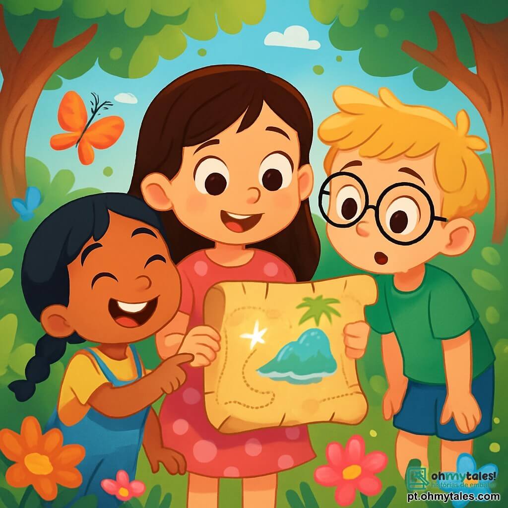 Há 3 personagens: - Luna: uma menina de 7 anos, com longos cabelos castanhos e olhos brilhantes. Ela usa um vestido rosa com bolinhas e segura um velho rolo de mapa nas mãos, olhando maravilhada. - Pedro: um menino de 8 anos, com cabelos loiros bagunçados e óculos redondos. Ele veste uma camiseta verde e um short azul, inclinado para ler o texto do misterioso mapa. - Sofia: uma menina de 6 anos, com cabelos negros trançados e um grande sorriso. Ela está vestida com um macacão amarelo e está ao lado de Luna, apontando para uma estrela brilhante no mapa. Os três amigos estão em um jardim encantado, cheio de flores vibrantes, grandes árvores tortuosas e borboletas coloridas voando ao redor. O sol brilha através das folhas, criando sombras dançantes no chão. A situação principal da história mostra as crianças descobrindo um antigo tesouro: um magnífico e misterioso mapa do tesouro que brilha sob o sol, prometendo uma aventura rumo à mágica "Ilha dos Sonhos Brilhantes".