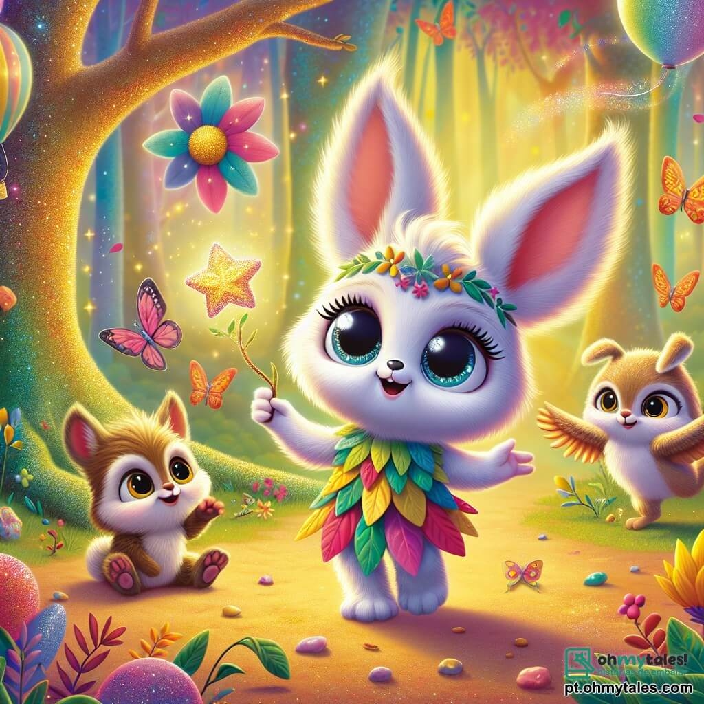 Trixi, uma pequena criatura com grandes orelhas peludas e olhos brilhantes como estrelas, está no centro da cena, com um sorriso maravilhado. Ela usa uma túnica colorida feita de folhas e flores, olhando com empolgação um balão colorido que sobe ao céu. À sua direita, Nino, um coelhinho travesso com pelagem sedosa e patas grandes, salta alegremente, seus olhos brilhando de curiosidade. Ele segura uma pequena pedra brilhante, pronto para ajudar Trixi. À esquerda, Lila, uma sábia coruja com penas douradas e grandes olhos redondos, está empoleirada em um galho, observando a cena com um olhar benevolente e um leve sorriso, suas asas levemente abertas. O cenário é uma floresta mágica, com árvores de troncos coloridos e folhas cintilantes, iluminada por uma suave luz dourada. Flores vibrantes e borboletas dançam ao redor, adicionando um toque de encanto ao ambiente. A cena mostra Trixi, Nino e Lila se preparando para fazer o balão decolar, cheios de empolgação e expectativa para sua grande aventura nos céus.