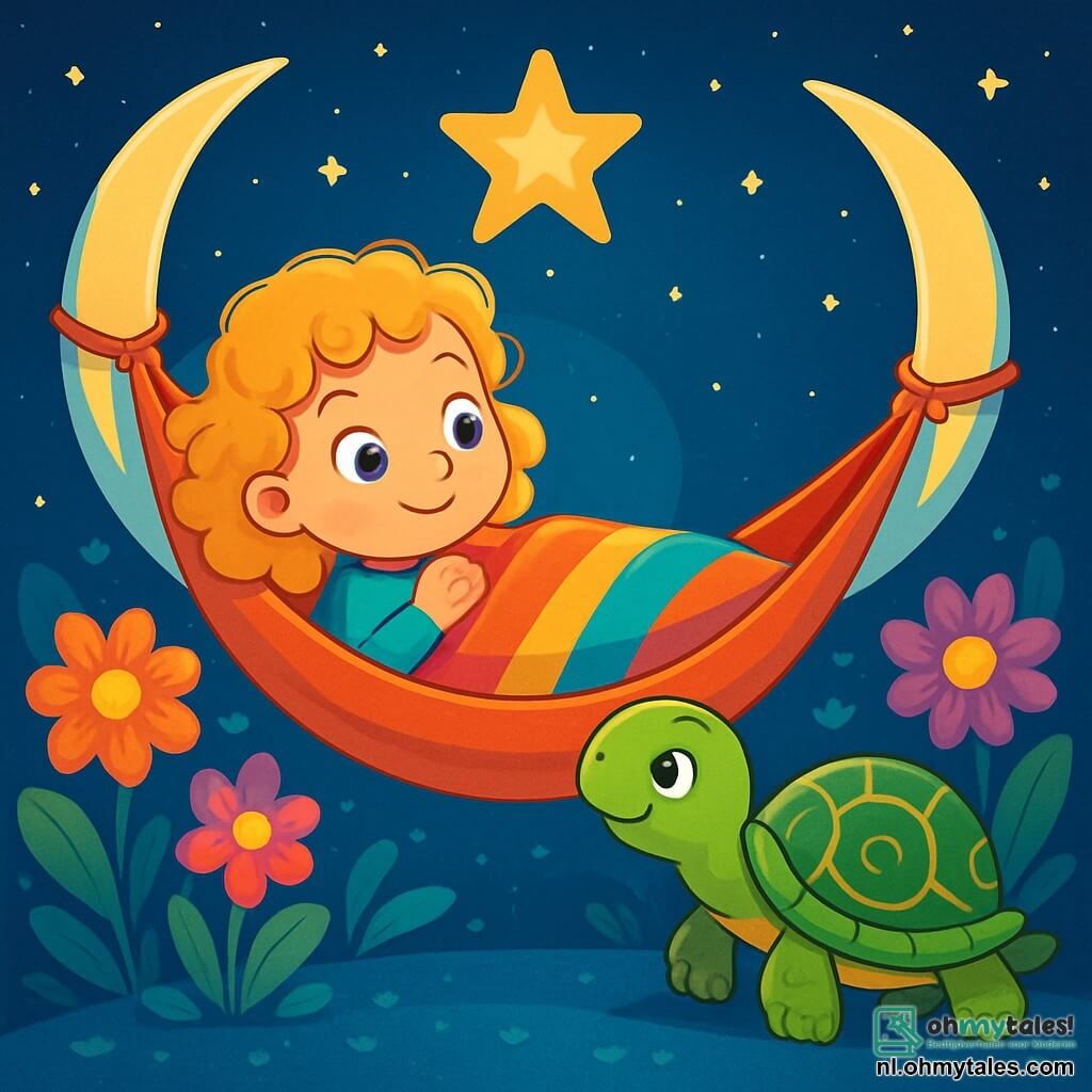 Een klein meisje van 6 jaar, Emma, met blond, krullend haar en grote, nieuwsgierige ogen, ligt in een hangmat tussen twee zilveren maanstralen. Ze heeft een serene, dromerige glimlach en is gewikkeld in een zachte, kleurrijke deken. Dichtbij beweegt een wijze en vriendelijke schildpad met een groene schild versierd met gouden patronen langzaam over de sterrenhemel, kijkend naar Emma met genegenheid. Ze lijkt haar zoete woorden te fluisteren, wat een gevoel van rust brengt. De plek is een magische nachtelijke tuin, verlicht door het zachte maanlicht. Heldere, kleurrijke bloemen bloeien rondom de hangmat, en een grote, fonkelende ster straalt erboven, wat een vleugje magie aan de scène toevoegt. Emma zweeft vredig in haar hangmat, wiegend op een zachte melodie, terwijl de schildpad haar geruststellende adviezen geeft over het belang van tijd nemen en van elk moment genieten.