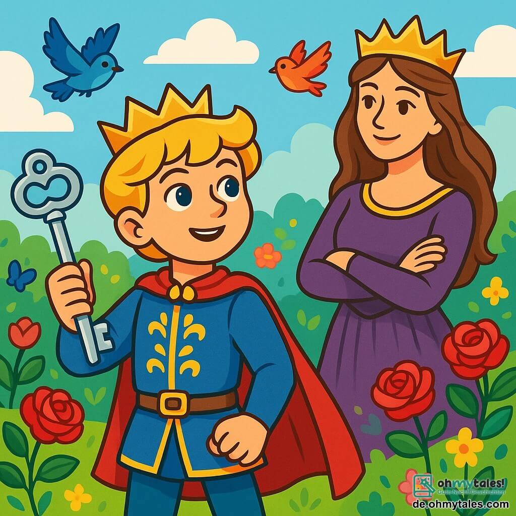 Der Prinz Leander, ein etwa 10-jähriger Junge mit glänzendem goldenem Haar und neugierigen Augen, steht im Zentrum des Bildes. Er trägt eine blaue Tunika mit goldenen Mustern, und sein Gesicht zeigt mutige Entschlossenheit. In seiner Hand hält er einen schimmernden silbernen Schlüssel und blickt hoffnungsvoll in die Ferne. An seiner Seite steht die Königin, eine majestätische Frau von etwa 35 Jahren mit langen kastanienbraunen Haaren und einem lila Samtkleid, die ihn mit einem wohlwollenden Lächeln beobachtet, die Arme vor der Brust verschränkt. Der Hintergrund ist ein bezaubernder Garten voller leuchtender Rosen und bunten Blumen unter einem hellblauen Himmel mit fluffigen Wolken. Bunte Vögel fliegen um sie herum und verleihen der Szene einen Hauch von Magie. Die Hauptsituation zeigt Leander, der bereit ist, den geheimnisvollen Weg zu betreten, der sich vor ihm auftut, entschlossen, sein Königreich aus dem dunklen Nebel zu retten, der es umgibt.