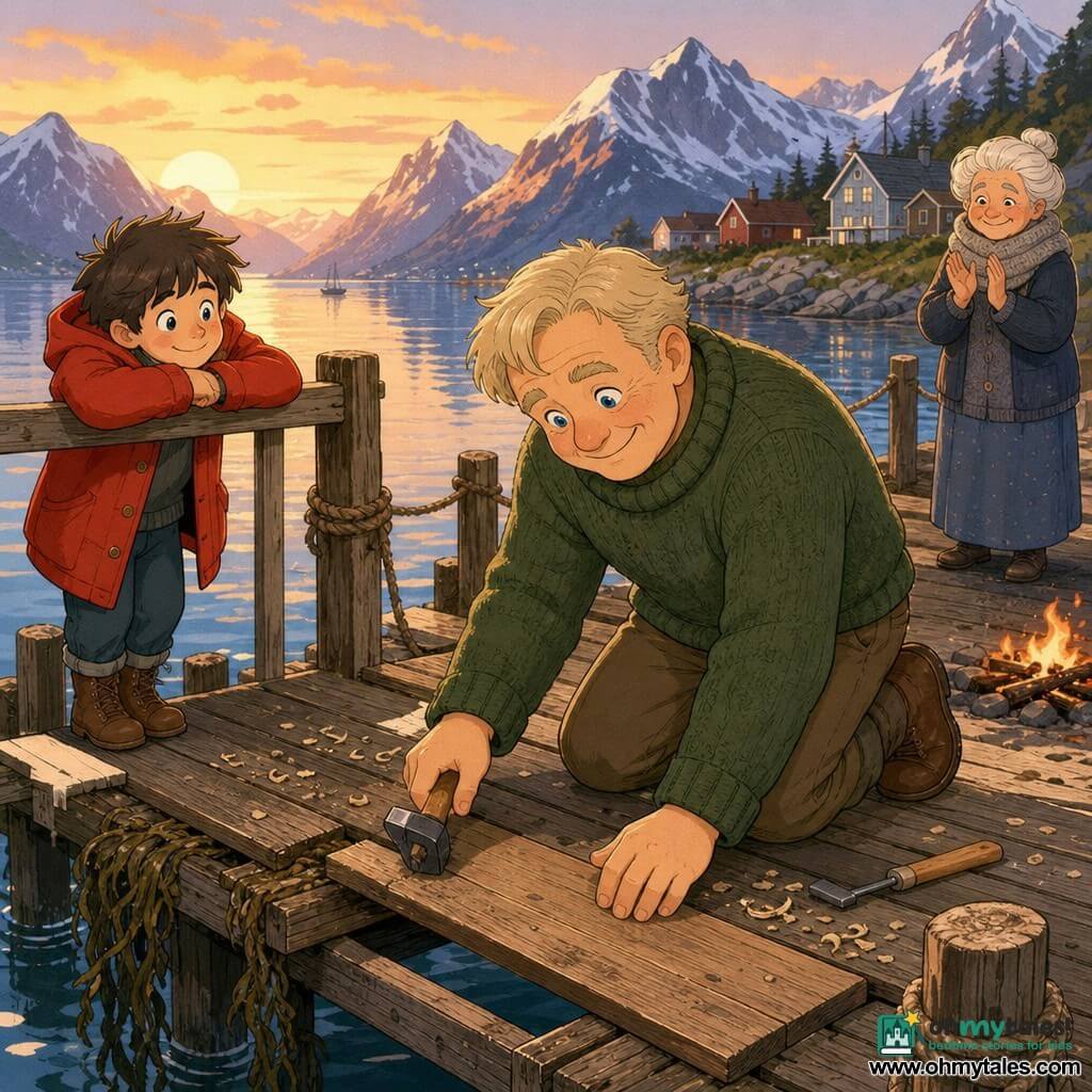 A middle-aged man with ash-blond hair in soft strands, a round smiling face and bright blue eyes, wearing a green wool sweater and leather boots, kneels on a worn wooden pier at sunset, calmly focused as he fits a thick plank to patch a hole; an 8-year-old boy with tousled brown hair and a red coat watches admiringly from the pier railing to the man's left, while an elderly woman of about 70 with white hair in a bun and a gray scarf softly claps from the shore near a small wood fire; the pier juts into a gleaming fjord reflecting snow-capped mountains, calm waters, missing boards, ropes tied to posts and dark seaweed at the edge—warm, reassuring atmosphere with wood shavings and precise small movements.