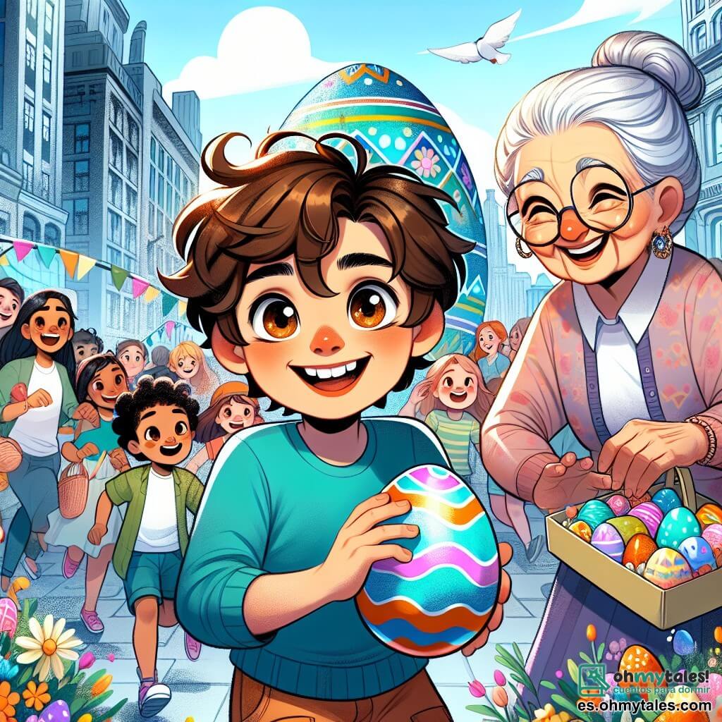 Un niño de 11 años, Lucas, con cabello castaño desordenado y ojos brillantes de curiosidad, está en el centro de la escena, sonriendo con entusiasmo mientras sostiene un huevo de Pascua azul brillante en sus manos. A su lado, su abuela, doña Carmen, una mujer de unos 70 años, con cabello gris recogido en un moño y gafas redondas, lo anima con una mirada orgullosa, sosteniendo una caja de decoraciones coloridas. La escena tiene lugar en una gran plaza central de la ciudad, animada y vibrante, decorada con puestos coloridos llenos de golosinas, flores brillantes y decoraciones de Pascua, mientras un enorme huevo de Pascua pintado de colores vivos se destaca en el centro. Lucas y doña Carmen participan en la búsqueda de huevos de Pascua, rodeados de otros niños que corren alegremente, buscando huevos escondidos bajo los arbustos y detrás de los puestos, creando un ambiente festivo y lleno de alegría.