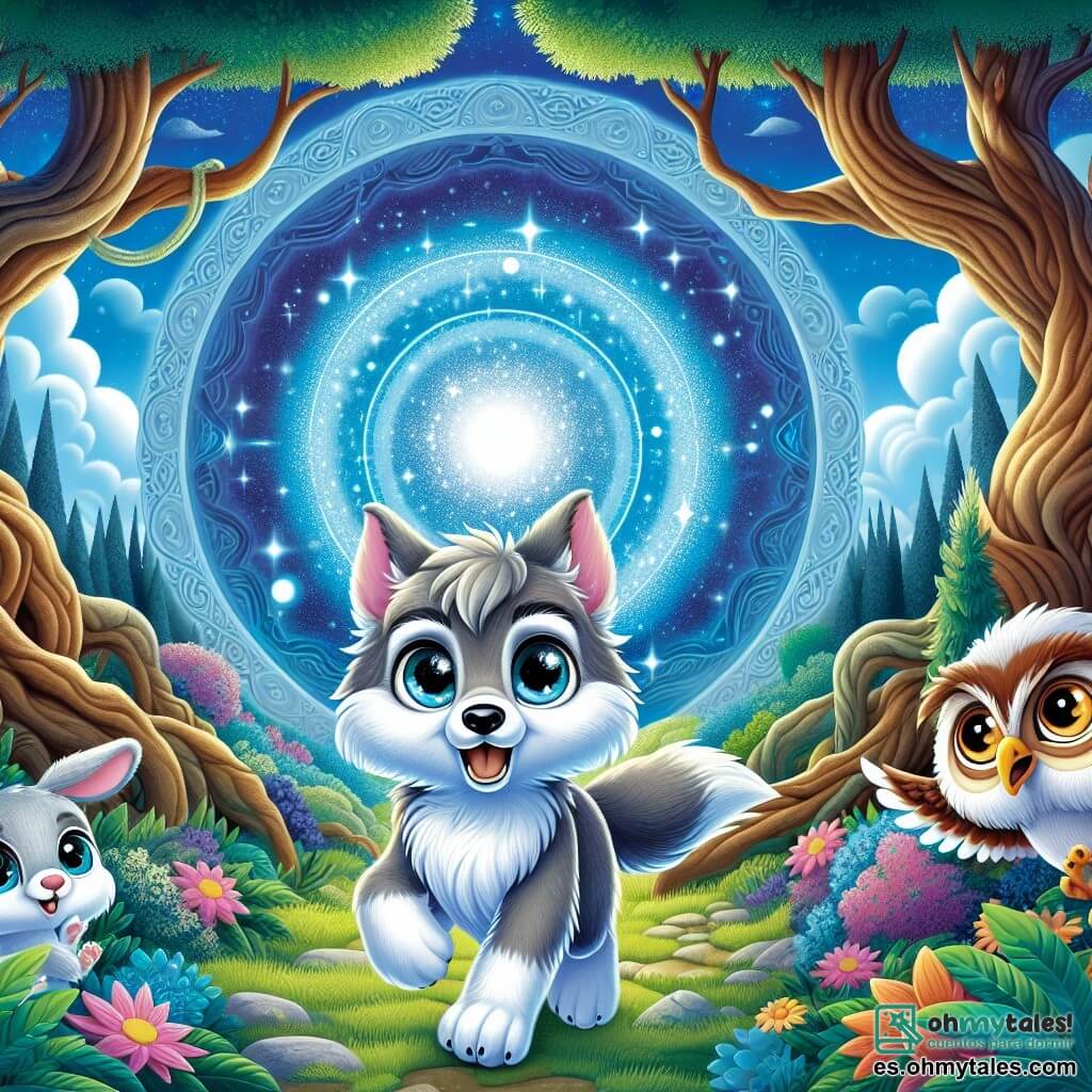 Un lobo amigable llamado Lucho, con un suave pelaje gris y ojos brillantes de curiosidad, está en el centro de la imagen, sonriendo emocionado al descubrir un portal mágico iluminado con un resplandor azul brillante. A su derecha, una lechuza sabia con grandes ojos redondos y plumas marrones, expresa una serenidad benevolente, observando a Lucho con una sonrisa alentadora. A su izquierda, un pequeño conejo de grandes orejas blancas, con ojos chispeantes de entusiasmo, salta alegremente, listo para acompañar a Lucho en su aventura. Al fondo, un paisaje encantador del bosque de Susurros, con árboles de troncos retorcidos, hojas verdes brillantes y flores coloridas, se mezcla con un cielo azul salpicado de nubes esponjosas. La escena captura el momento mágico en que Lucho se prepara para entrar en el portal, simbolizando el comienzo de su increíble viaje en el tiempo.