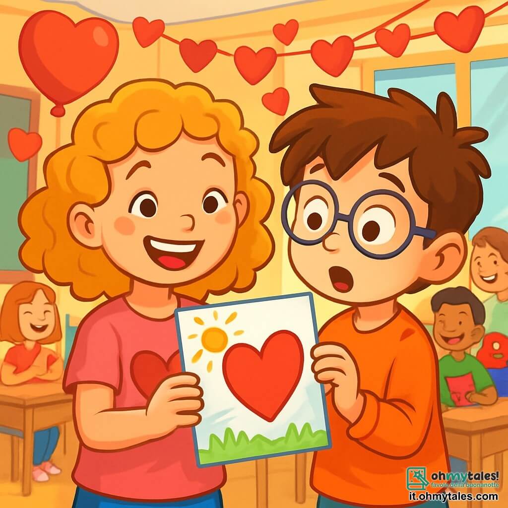 Una ragazza di 8 anni, Emma, con capelli ricci e dorati, indossa una maglietta rosa con un grande cuore disegnato sopra. Ha un sorriso radioso e occhi scintillanti di gioia, mentre tiene un disegno colorato tra le mani. Accanto a lei, un ragazzo di 8 anni, Matteo, con occhiali rotondi e capelli castani disordinati, guarda il disegno con meraviglia, gli occhi brillanti di sorpresa. Sullo sfondo, un'aula decorata per San Valentino, con palloncini rossi e festoni di cuori appesi al soffitto, e bambini che ridono e scambiano biglietti colorati. La scena mostra Emma e Matteo che condividono un momento di felicità, circondati da un'atmosfera festosa e calorosa, piena di sorrisi e gentilezza.