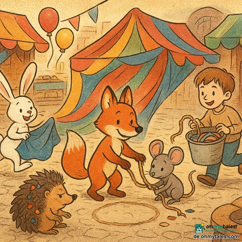 Félix, der kleine rotbraune Fuchs mit leuchtendem Fell, lächelnd und konzentriert, steht in der Mitte und zieht mit seinem buschigen Schwanz einen Kreis in der Staub, während er ein großes buntes Tuch richtet; Mina, die graue Maus mit lebhaften Augen, aufgeregt und eitel, hockt rechts und versucht, ein schmutziges Seilstück zu binden; Henriette, die große weiße Häsin mit langen rosa Ohren, lachend und hüpfend, bringt von links ein blaues Tuch herein; Igor, der stachelige braune Igel, etwas mürrisch aber gerührt, sitzt vorn, aufgerichtet und mit bunten Papierchen an den Stacheln, die die Freunde entfernen; Jonas, der Junge mit hellbraunen Haaren und schüchternem Lächeln, steht hinter Félix und reicht einen großen Eimer mit Bändern und einem langen glänzenden Tau; Schauplatz: ein belebter, gepflasterter Marktplatz mit bunten Holzständen, schwebenden Ballons, einer alten runden Bank und einer kleinen Holztür, warme Lichter im Hintergrund; Hauptsituation: eine fröhliche, leicht chaotische Szene beim Aufbau einer „Regenbogenzelt“-Konstruktion mit flatternden Stoffen und Bändern, lachenden Freunden und bewegter, heller Atmosphäre; Grafikstil: weiche Striche, Tinten- und Punktstrukturen wie Zeitungsdruck, lebhafte leicht verblasste Palette und starke Kontraste für die Figuren.