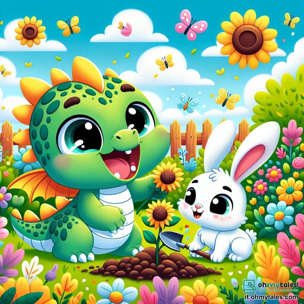 Un piccolo drago di nome Luma, con scaglie verdi brillanti e occhi scintillanti di gioia, sta piantando fiori in un giardino colorato. Sorride ampiamente, con le sue piccole ali spiegate, mentre tiene un seme di girasole tra le zampe. Accanto a lui, un coniglio bianco con grandi orecchie e occhi curiosi, di nome Fiocco, guarda con meraviglia, la bocca aperta in un sorriso felice. Tiene una piccola pala ed è pronto a scavare un nuovo buco per piantare un tulipano. Sullo sfondo, il giardino è pieno di fiori splendenti di tutti i colori, con alberi in fiore e un cielo azzurro chiaro punteggiato di nuvole soffici. Farfalle danzano attorno ai fiori, aggiungendo magia alla primavera. La scena mostra Luma e Fiocco in azione, circondati dalla bellezza del giardino, mentre si divertono a piantare fiori insieme, celebrando l'arrivo della primavera.
