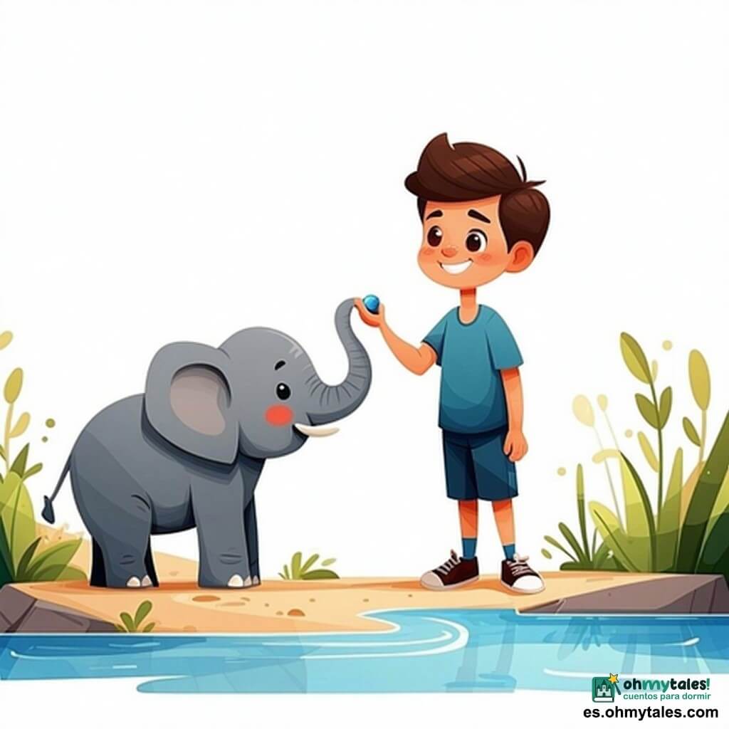 Niño de unos 10 años, rostro redondo, piel morena, sonrisa suave y ojos brillantes, extiende una pequeña piedra brillante; a su izquierda, un elefante pequeño y alegre de contornos redondeados y piel gris con detalles estilizados levanta la trompa para tomarla; el niño está a la derecha, de pie sobre una orilla arenosa y ocre, inclinándose hacia el elefante; detrás hay un gran árbol de hojas redondeadas, hierba corta y flores sencillas; el río azul claro fluye suavemente con reflejos blancos y el sol amarillo está arriba a la derecha; escena principal: intercambio cálido — el elefante recibe la piedra con la trompa con expresión joyful y notas musicales de colores.