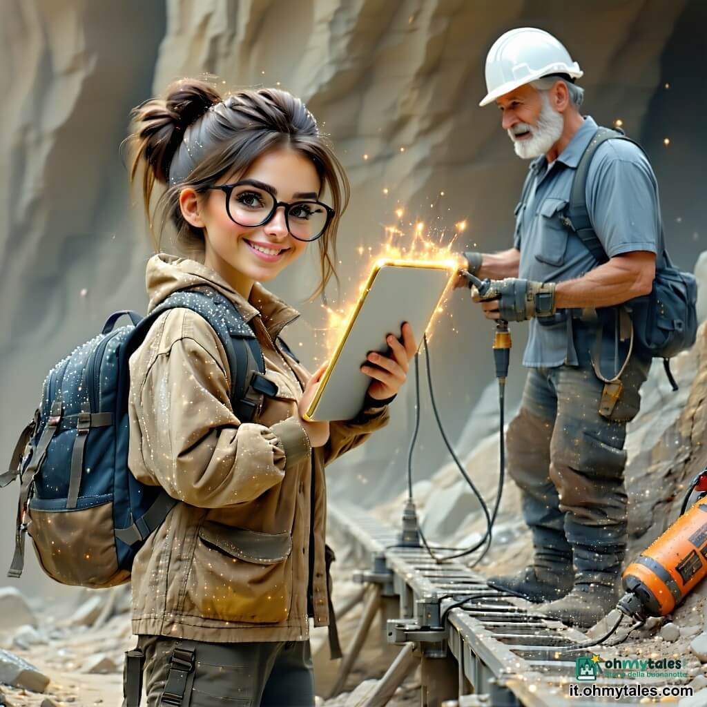 Una giovane archeologa dal viso determinato e sorridente, capelli castani raccolti in uno chignon e occhiali sottili, con giacca tecnica beige sporca di polvere argentata, tiene una tavoletta luminosa e punta una piccola boa flottante con uno strumento metallico; un tecnico sui 40 anni, con tuta blu a tasche, barba corta e casco sotto il braccio è accovacciato su una passerella metallica collegando un cavo grigio a un marcatore luminoso sulla destra; un pilota anziano di circa 60 anni, capelli grigi e sguardo vivace, appoggiato alla ringhiera sullo sfondo tiene una tazza di caffè sintetico osservando ammirato; il molo G è una grande piattaforma metallica nera con ruggine, file di lampade arancioni, passerelle a griglia, cupole di vetro turchese in lontananza, navette attraccate e un velo di polvere magnetica scintillante; situazione: al crepuscolo artificiale la squadra installa e calibra balise luminose che emettono aloni blu e filamenti di luce mentre la polvere magnetica turbinante avvolge i dispositivi, i tecnici regolano i cavi e il pilota osserva in una scena di lavoro calma e concentrata.