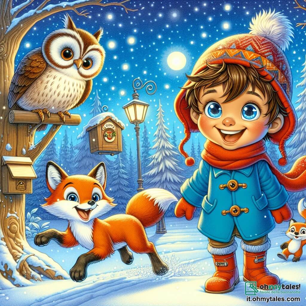 Un bambino di 3 anni, di nome Luca, con capelli castani disordinati e grandi occhi brillanti di gioia, si trova al centro della scena. Indossa un cappotto blu vivace, un berretto rosso e stivali da neve, sorridendo con meraviglia. Accanto a lui, una volpe rossa di nome Pippo, con un pelo lucente e occhi maliziosi, salta felicemente nella neve, aggiungendo un tocco di magia all'immagine. Un saggio gufo di nome Olmo, posato su un ramo, osserva la scena con uno sguardo benevolo, le sue piume bianche e marroni contrastano con il blu del cielo. La scena si svolge in una foresta incantata, dove gli alberi sono coperti di neve scintillante e luci colorate illuminano la notte. Fiocchi di neve cadono dolcemente, creando un'atmosfera da favola. In lontananza, una cassetta delle lettere di legno è appesa a un grande albero, pronta a ricevere lettere per Babbo Natale. Luca, Pippo e Olmo si tengono insieme, Luca mette con cura una lettera nella cassetta delle lettere, il suo viso radioso di felicità ed eccitazione, mentre Pippo e Olmo lo incoraggiano con sorrisi calorosi.