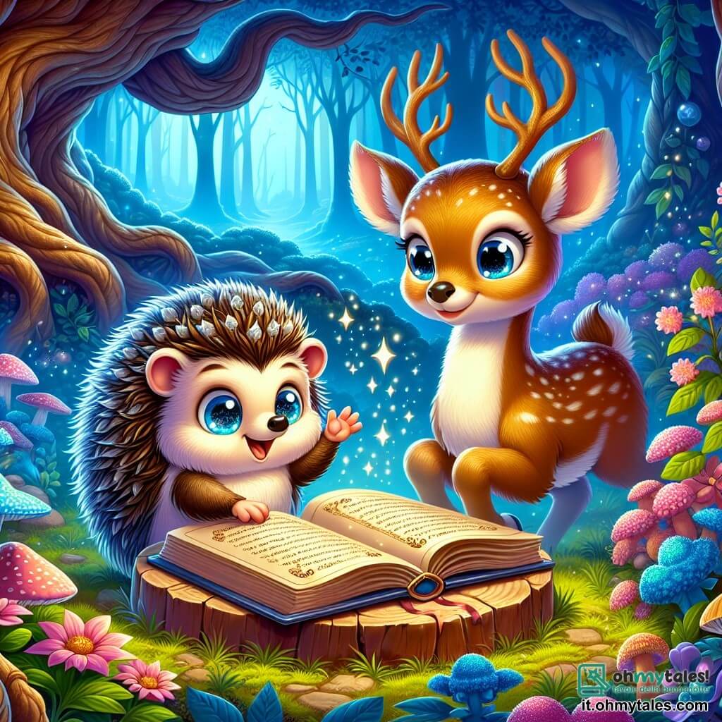Un piccolo riccio dai aculei brillanti e dagli occhi scintillanti di eccitazione si trova al centro di una scena magica, scrutando un vecchio libro aperto su un piedistallo di legno, con un'espressione di intensa curiosità. Accanto a lui, una graziosa cerbiatta dal manto dorato e dai grandi occhi dolci guarda il libro con meraviglia, le orecchie tese, pronta a scoprire i segreti che contiene. Lo sfondo è un giardino incantato, pieno di piante dai colori vivaci e fiori splendenti, dove una dolce nebbia blu fluttua nell'aria, creando un'atmosfera misteriosa e fatata. In lontananza, un grande albero di quercia, maestoso e antico, si erge, le sue radici si intrecciano con il terreno, aggiungendo un tocco di saggezza a questo luogo magico. La situazione principale mostra i due amici che scoprono un libro antico, rivelando misteri sulla magia della nebbia che avvolge la loro città, pronti a tuffarsi in una nuova avventura piena di scoperte e amicizia.