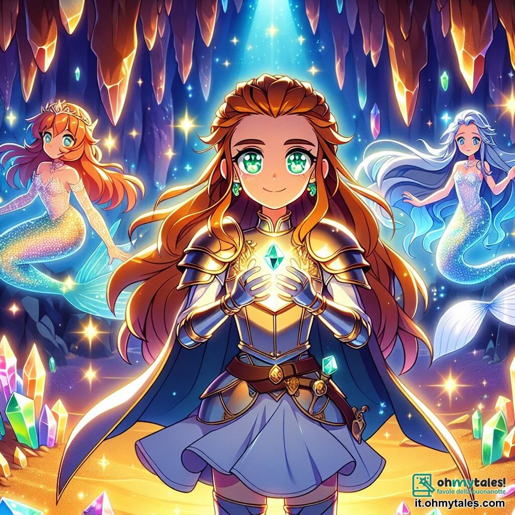 Lyria, una giovane donna coraggiosa dai lunghi capelli color rame e dagli occhi verdi scintillanti, si trova al centro della grotta scintillante, con un sorriso determinato sul volto. Indossa un'armatura lucente e un mantello blu che fluttua leggermente intorno a lei, mentre tiene saldamente tre gemme magiche nelle mani, illuminando il suo viso di una luce dorata. Accanto a lei, Serena, una sirena maestosa con squame argentate e lunghi capelli azzurri, fluttua graziosamente nell'aria, con gli occhi pieni di gratitudine e meraviglia. È circondata da cristalli luminosi che brillano come stelle, aggiungendo un tocco di magia alla scena. La grotta è un luogo incantevole, con pareti tappezzate di cristalli scintillanti che riflettono la luce delle gemme, creando uno spettacolo di colori vivaci. Il pavimento è coperto di sabbia dorata, e piccole gocce d'acqua scintillano intorno a loro, aggiungendo un'atmosfera di mistero e bellezza. La scena principale mostra Lyria, pronta a liberare Serena dall'incantesimo malefico, unendo le gemme magiche in un'esplosione di luce, mentre il canto della sirena risuona nella grotta, simboleggiando la rinascita di speranza e magia.