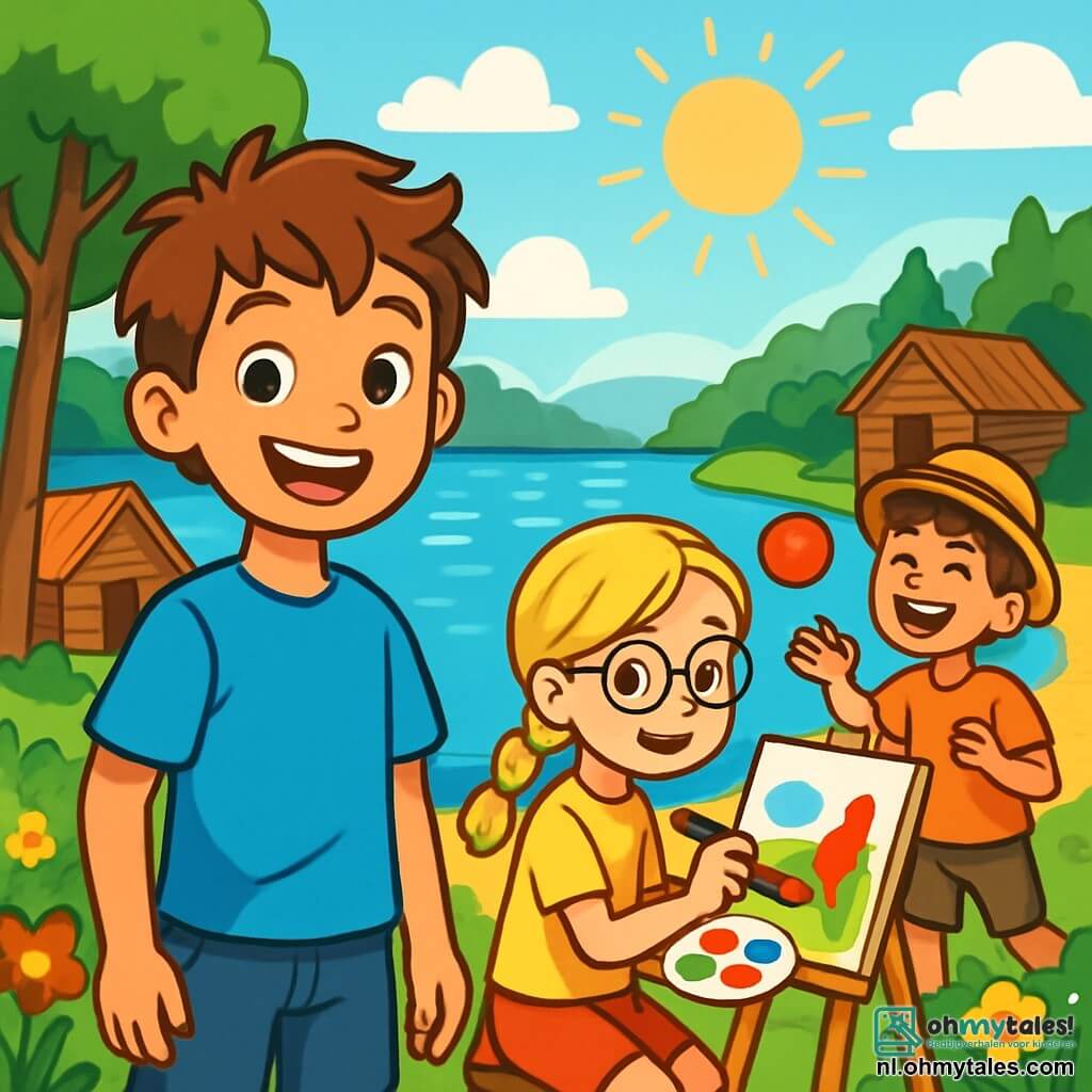Een 12-jarig jongen, Lucas, met rommelig kastanjebruin haar en sprankelende ogen, staat voor een prachtig, zonnig meer. Hij draagt een felblauw t-shirt en een spijkerbroekshort, met een grote glimlach op zijn gezicht, die zijn opwinding voor de avonturen van het zomerkamp toont. Naast hem schildert Emma, een 11-jarig meisje met gevlochten blond haar en een ronde bril, met felle kleuren op een klein ezel, terwijl ze rode en groene accenten aan haar schilderij toevoegt. Iets verderop lacht Sam, een 12-jarig jongen met bruin haar en een strohoed, terwijl hij een bal naar Lucas gooit. De locatie is een idyllisch zomerkamp, omringd door grote groene bomen, met rustieke houten hutten en kleurrijke bloemen langs het pad. De lucht is helderblauw met enkele donzige witte wolken, en de zon schijnt fel, waardoor er schitteringen op het water van het meer ontstaan. De hoofdscène toont Lucas en zijn vrienden die samen plezier hebben, lachen en artistieke creaties delen, wat de vrolijke en vriendschappelijke geest van hun zomervakantie in het kamp vastlegt.