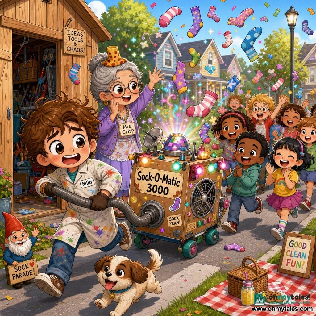 A slightly panicked smiling man (Milo) with messy brown hair and bright eyes wearing a paint‑stained work smock runs pulling a vacuum hose attached to a wheeled "Sock‑O‑Matic 3000" — a makeshift cardboard box on skate wheels with a visible fan, hose trumpet, stickers and soft disco light that spews socks like confetti — followed by laughing children (6–10) in colorful clothes tossing socks and applauding, a wagging small dog, and an amused older woman (Mrs. Crisp, ~60) with gray hair in a bun and round glasses wearing a sock like a crown and smiling on the sidewalk near a garden gnome; sunny residential street with green lawns, an open tool‑filled shed, pastel houses and a picnic blanket; playful, dynamic, safe atmosphere of a runaway sock machine causing a joyful parade.