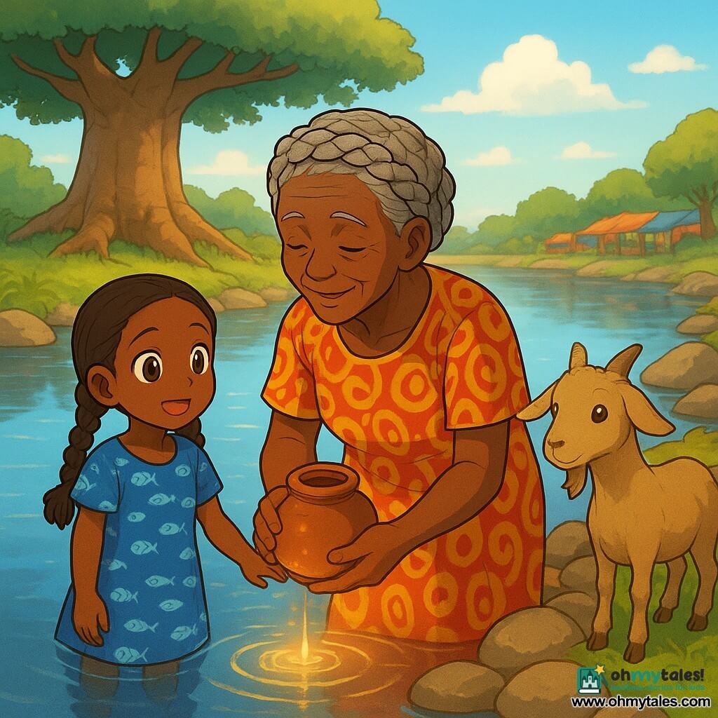 An elderly woman named Nana Siba, with a gentle wrinkled face and gray hair braided into a crown, smiles serenely as she leans toward a mirror-like river holding a small warm clay pot on her head; a six-year-old girl, Ayo, with braided hair in a blue fish-patterned dress stands left on the bank holding Nana Siba’s hand and gazing in wonder; a light-brown male goat named Momo with floppy ears stands right near the bridge stones, curious and still. The river is smooth and reflective, banks lined with large polished rocks and green grass, an ancient baobab with wide roots in the background and a blurred colorful market in the distance. Nana Siba gently opens the pot at the river’s edge and a soft warm glow escapes, small luminous ripples rise and reflect in the water; the scene is calm with warm contrasting colors and soft expressive manga-style features.