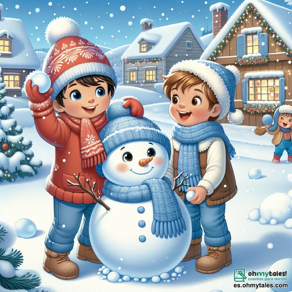 En un paisaje invernal, dos amigos están en el centro de la escena. Tomás, un niño de 8 años con cabello castaño y una sonrisa brillante, lleva un gorro rojo que contrasta con la nieve. Está haciendo una bola de nieve con los brazos levantados. A su lado, Leo, un niño de 7 años con cabello rubio y ojos brillantes, está envuelto en una suave bufanda azul. Se ríe mientras lanza una bola de nieve a Tomás. El escenario es un encantador pueblo con casas de madera cubiertas de nieve, luces brillantes en las ventanas y árboles adornados. El cielo es azul claro con copos de nieve que caen suavemente. La escena principal muestra a Tomás y Leo construyendo un gran muñeco de nieve, rodeados de copos que caen, creando una atmósfera alegre y mágica, llena de risas y amistad.