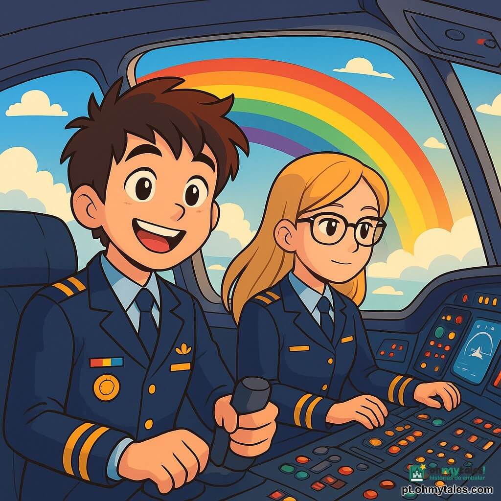 Um jovem piloto, Miguel, com cabelos castanhos bagunçados e olhos brilhantes de curiosidade, está no cockpit de um avião, sorrindo com entusiasmo. Ele veste um uniforme de piloto azul-marinho, decorado com emblemas coloridos, e segura o manche com confiança. Ao seu lado, uma jovem copiloto, Sofia, com cerca de 25 anos, cabelos longos e loiros, usa óculos e um uniforme correspondente. Ela observa atentamente os instrumentos, pronta para ajudar Miguel. O cockpit está cheio de botões luminosos e telas cintilantes, com grandes janelas que oferecem uma vista espetacular de um céu azul com nuvens brancas. Ao fundo, um arco-íris vibrante aparece entre as nuvens, iluminado pela luz dourada do sol poente. Miguel e Sofia estão pilotando o avião, com expressões de alegria e excitação, prestes a atravessar um arco-íris, simbolizando a aventura e a magia do voo.