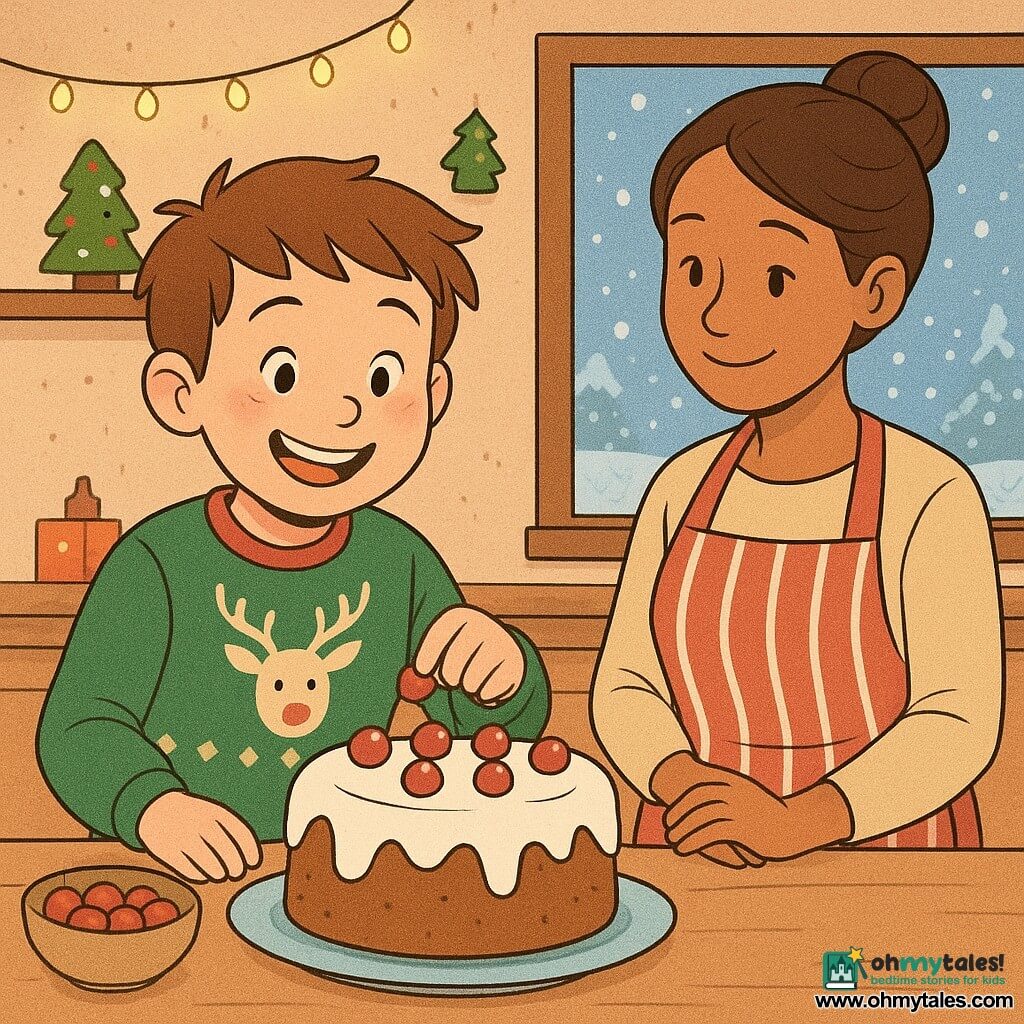 An 8-year-old boy named Oliver, with rosy cheeks and a big smile, is decorating a Christmas cake with red cherries and white icing. He is wearing a green Christmas sweater with reindeer patterns. Next to him, his mother, a woman around 35 with brown hair in a bun, watches him with pride and tenderness. She is wearing a red and white striped apron. They are in a warm and welcoming kitchen, decorated with string lights and small Christmas ornaments. The window shows a snowy landscape with snowflakes gently falling. The main scene shows Oliver focused and joyful, adding the final touch to his cake, while the atmosphere exudes the magic and warmth of Christmas.