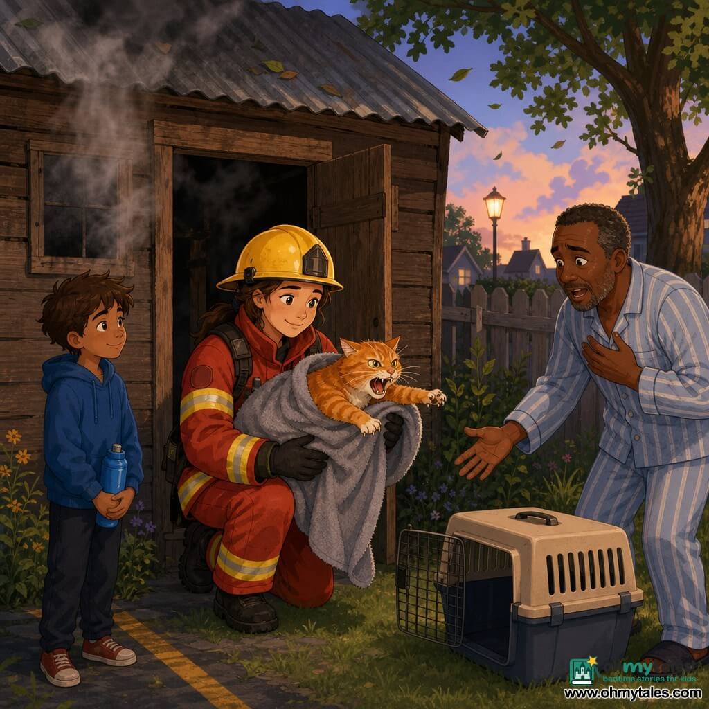 Female firefighter with a determined, calm face and focused brows, warm light on her shiny yellow helmet; wearing a red fire jacket with reflective stripes and black gloves, crouching at the open shed door retrieving a cat in a large towel. Boy Leo, about 11, messy brown hair, admiring and slightly shy, holding a blue water bottle behind a painted safety line to the left. Adult owner, about 50, relieved and breathless in pajamas and slippers, reaching for the carrier near the garden fence to the right. Cat Sir Pounce-a-Lot, orange-and-white tabby, wide alert eyes, wrapped in a gray towel with slightly visible claws, outraged but relieved. Weathered wooden shed with brown planks, a small smoky window and tin roof, light gray smoke drifting out, tools scattered and a partially open lawnmower inside. Suburban dusk garden with green grass, a tree with leaves moving in the wind, an orange streetlamp in the background and quiet house silhouettes. Main scene: a calm, precise rescue—the firefighter carefully opens the smoky door, uses a towel to secure the cat and hands it to the owner while the boy watches and the smoke rises into the sky.