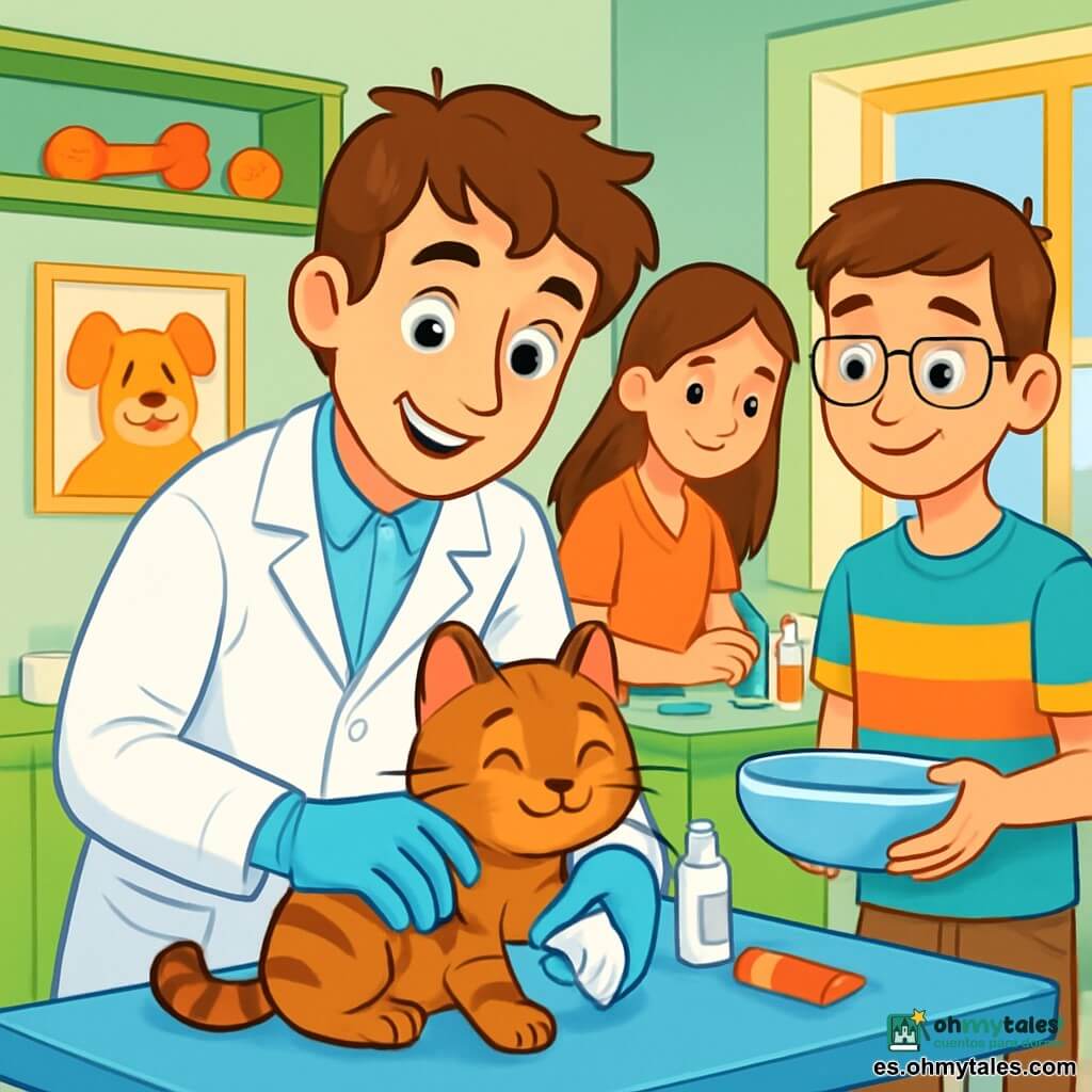 Un veterinario hombre, de unos treinta años, con ojos claros y cabello castaño desordenado, sonríe amablemente. Lleva una bata blanca y guantes de látex, inclinado sobre una pequeña gata atigrada, Miga, que está en una mesa de examen. Miga tiene ojos brillantes y un pelaje suave, ronronea suavemente, sintiéndose segura. A su lado, una joven, Marta, de unos 25 años, con cabello largo y castaño, prepara suministros veterinarios en una mesa, con una expresión concentrada y amistosa. Un joven, Leo, de unos 20 años, con gafas y una camiseta colorida, sostiene un bol de agua tibia, observando la escena con una sonrisa alentadora. La clínica veterinaria es luminosa y acogedora, con paredes pintadas de verde pastel, estanterías llenas de juguetes para animales y carteles de animales sonrientes en las paredes. Una gran ventana deja entrar la luz del sol, iluminando la habitación. La situación principal muestra al veterinario cuidando la pata herida de Miga, con suavidad y atención, mientras Marta y Leo lo ayudan preparando las herramientas necesarias. La atmósfera es cálida y reconfortante, llena de compasión y cuidado por los animales.