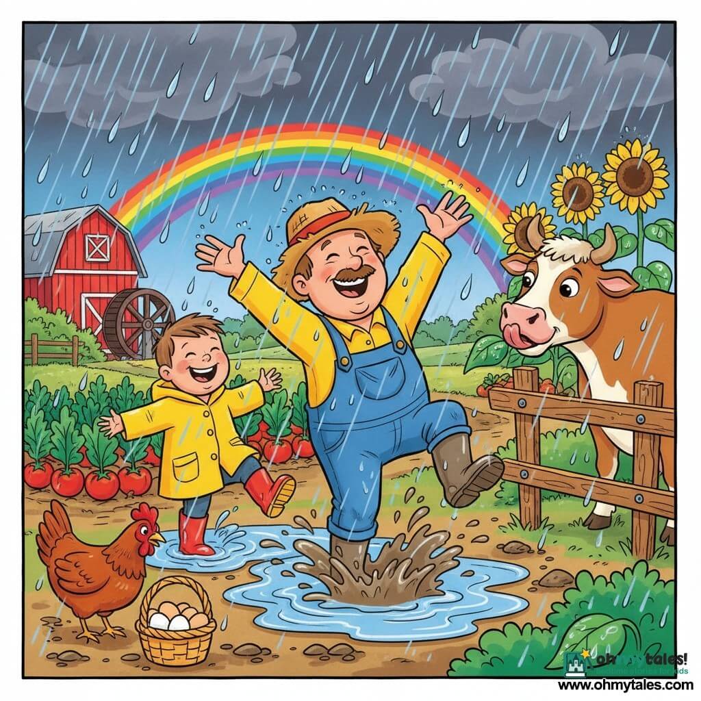 Middle-aged farmer Mr. Brown—round face, fair skin, thin mustache, worn straw hat, blue overalls and muddy rubber boots—joyfully raising his arms in a downpour, splashing; a 7-year-old boy Timmy with short brown hair, rosy cheeks, yellow raincoat and red boots laughs and jumps in a nearby puddle, looking up; a large brown-and-white cow Bella stands to the right by a wooden fence licking a wet leaf; a red hen Henrietta pecks beside a small white egg basket in the muddy foreground; colorful vegetable garden with tomato and carrot rows, sunflowers, a watermill and red barn in the background, dark cloudy sky, visible raindrops, bright rainbow over the barn, warm optimistic mood in saturated colors and crisp outlines reminiscent of a 1990s cartoon.
