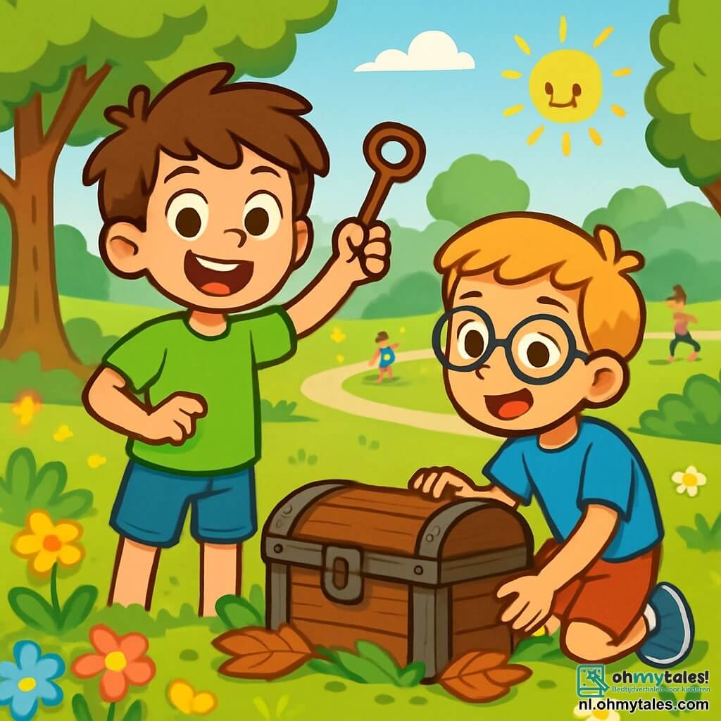 Een 10-jarig jongetje, Sam, met rommelig bruin haar en nieuwsgierige sprankelende ogen, staat in een groene park met een grote glimlach op zijn gezicht. Hij draagt een felgroen t-shirt en een spijkerbroek, en houdt een oude roestige sleutel in zijn rechterhand, terwijl zijn linkerhand naar een oude houten kist wijst die hij net heeft ontdekt. Naast hem kijkt zijn beste vriend Tim, ook 10 jaar oud, met blond haar en ronde brillen, verwonderd naar de kist. Hij draagt een blauwe t-shirt en een rode short en zit klaar om de kist te openen. Het park is gevuld met kleurrijke bloemen, majestueuze bomen en een goed onderhouden grasveld, met kinderen die in de verte spelen. De zon straalt in een heldere blauwe lucht, wat een vrolijke en warme sfeer creëert. De hoofdscène toont Sam en Tim die de onder bladeren begraven kist ontdekken, wat hun avontuur symboliseert om hun buurt ecologischer te maken en hun enthousiasme voor de natuur.