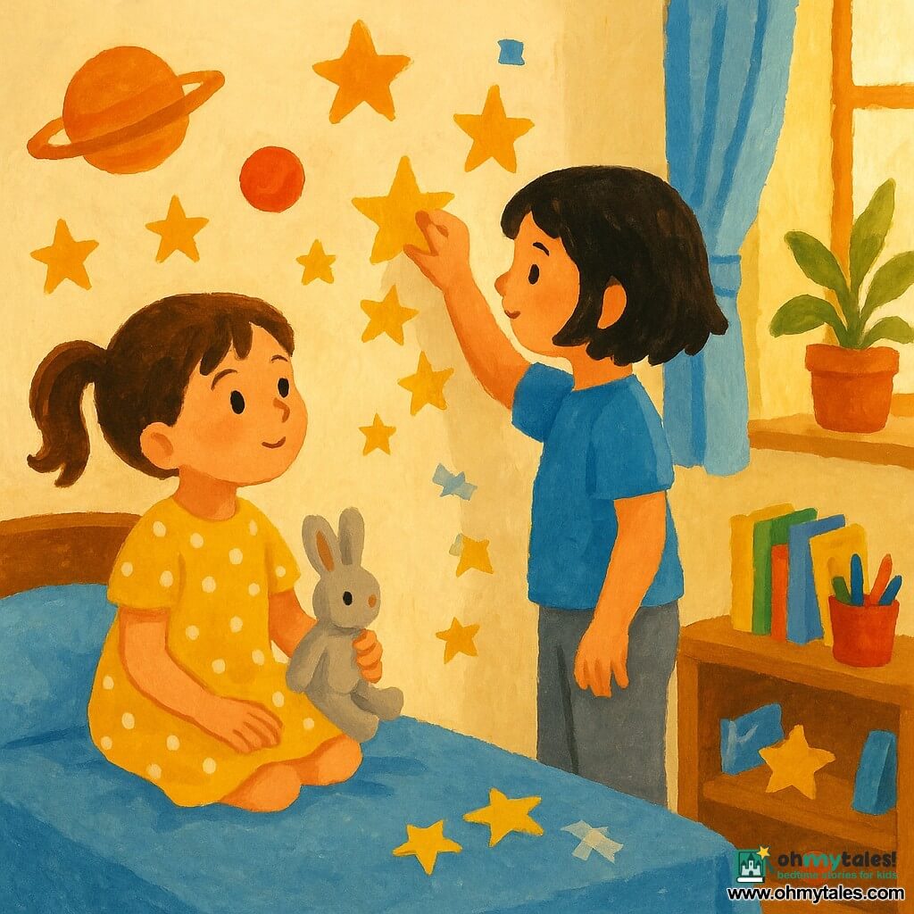 Two girls, about 6 years old: a brown-haired girl with pigtails in a yellow polka-dot dress sits on the left holding a small stuffed rabbit and looking at a wall decorated with paper stars; a short black-haired girl in a blue t-shirt and gray pants stands on the right, slightly turned toward the first, sticking a paper star to the wall with her left hand. They are in a bright, warm children's bedroom with cream walls, a window letting in soft morning light, a bed with a blue blanket, a wooden shelf with books and a pencil box, and potted plants on the windowsill. Main scene: the two comforting sisters are making a paper galaxy on the wall—small planets and stars glued on, a few falling stars being fixed with tape; the mood is intimate and warm with visible gouache textures and brushstrokes.