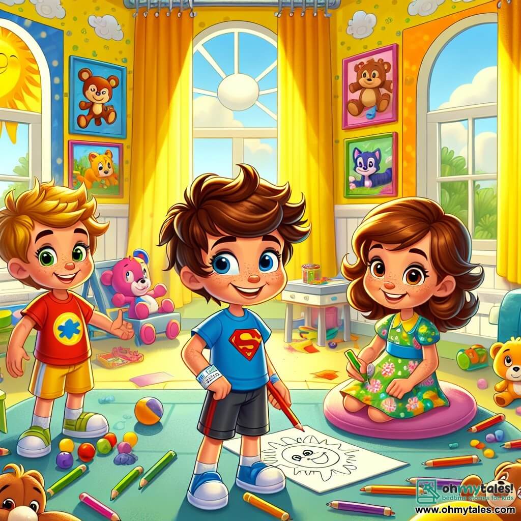 There are three main characters: 

1. **Sam**, a seven-year-old boy with bright blue eyes and messy brown hair. He wears a red t-shirt with a superhero and blue shorts. He stands in the center, smiling, holding colored pencils in his hands.

2. **Lily**, a seven-year-old girl with beautiful brown curls and a big smile. She wears a colorful floral dress and sandals. She sits on the floor to the left of Sam, drawing on a large sheet of paper.

3. **Max**, a seven-year-old boy with messy blonde hair and freckles. He wears a green t-shirt and black shorts. He is to the right of Sam, making a funny face to make his friends laugh.

The scene takes place in a bright and colorful hospital playroom, with yellow painted walls and cheerful animal drawings. There are toys scattered on the floor, soft cushions, and a large window letting in sunlight.

The main situation shows Sam, Lily, and Max creating colorful cards for the nurses, surrounded by crayons and markers. They laugh together, sharing funny ideas for their messages, illustrating the magic of friendship and creativity even in a hospital environment.