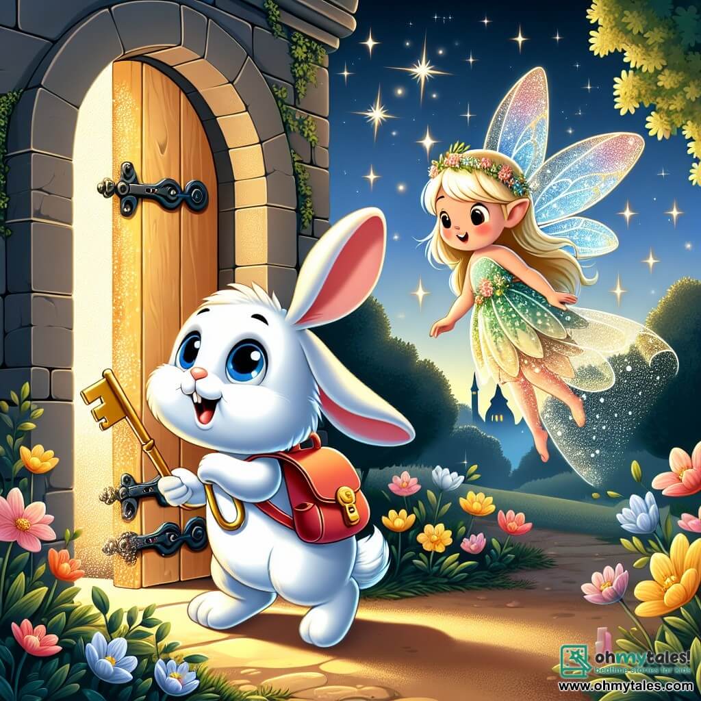 An illustration depicts a small white rabbit with blue eyes, wearing a tiny red backpack. It looks curious and amazed, holding a shiny key in its front paws, standing in front of a sparkling magical door in an old bell tower. Beside it is a small fairy with shimmering wings, golden hair, and a dress made of flower petals, smiling kindly and floating slightly above the ground. In the background, the bell tower is surrounded by a lush park, with trees having bright leaves and colorful flowers dancing in the wind. The dawn light illuminates the scene, creating a magical and enchanting atmosphere. The main focus is on the moment the little rabbit discovers the secret door leading to a hidden world, with a magical glow emanating from the lock, while twinkling stars surround it, symbolizing the wonder and adventure that await.